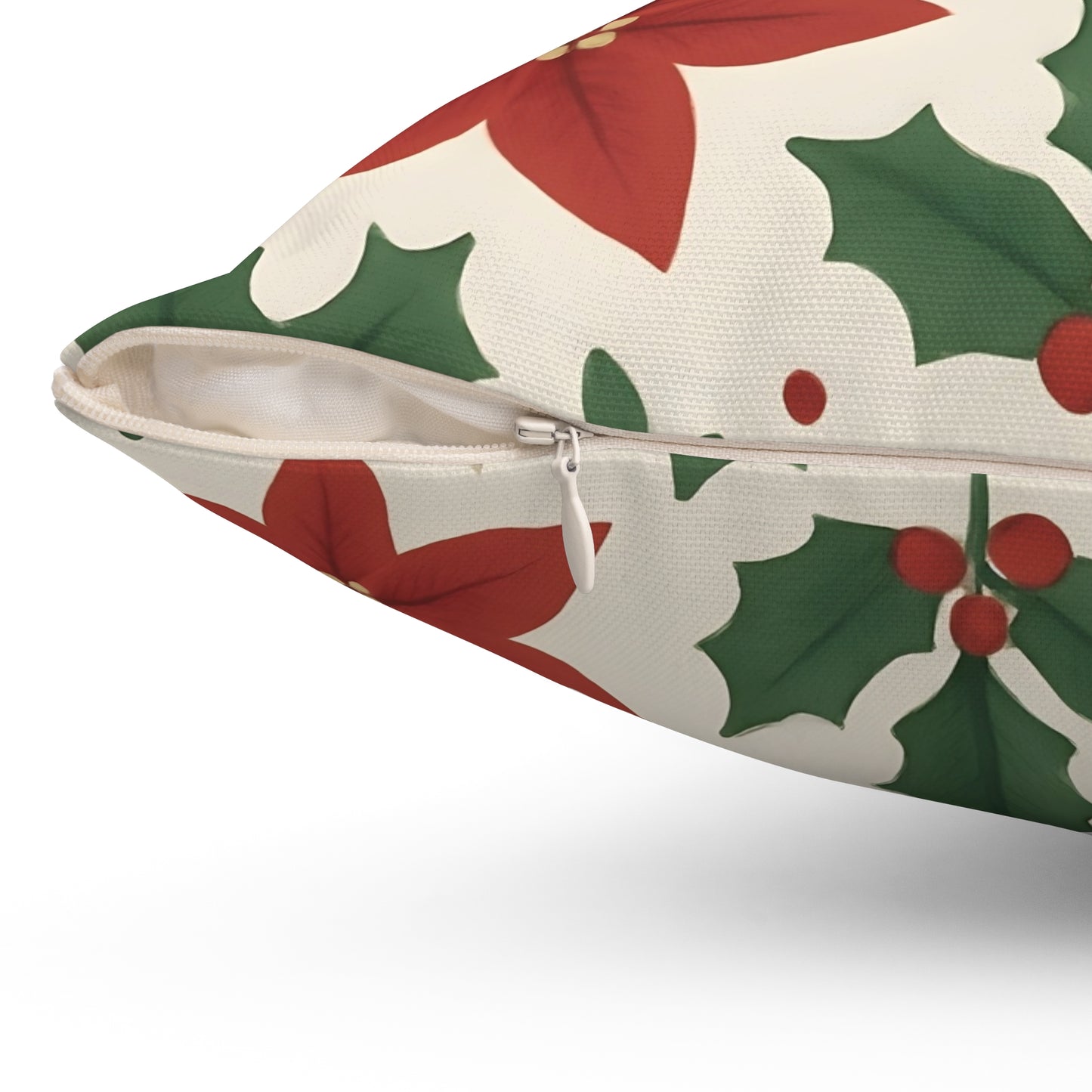 Poinsettia and Holly Leaves Holiday Throw Pillow - Festive Christmas Floral Decorative Cushion