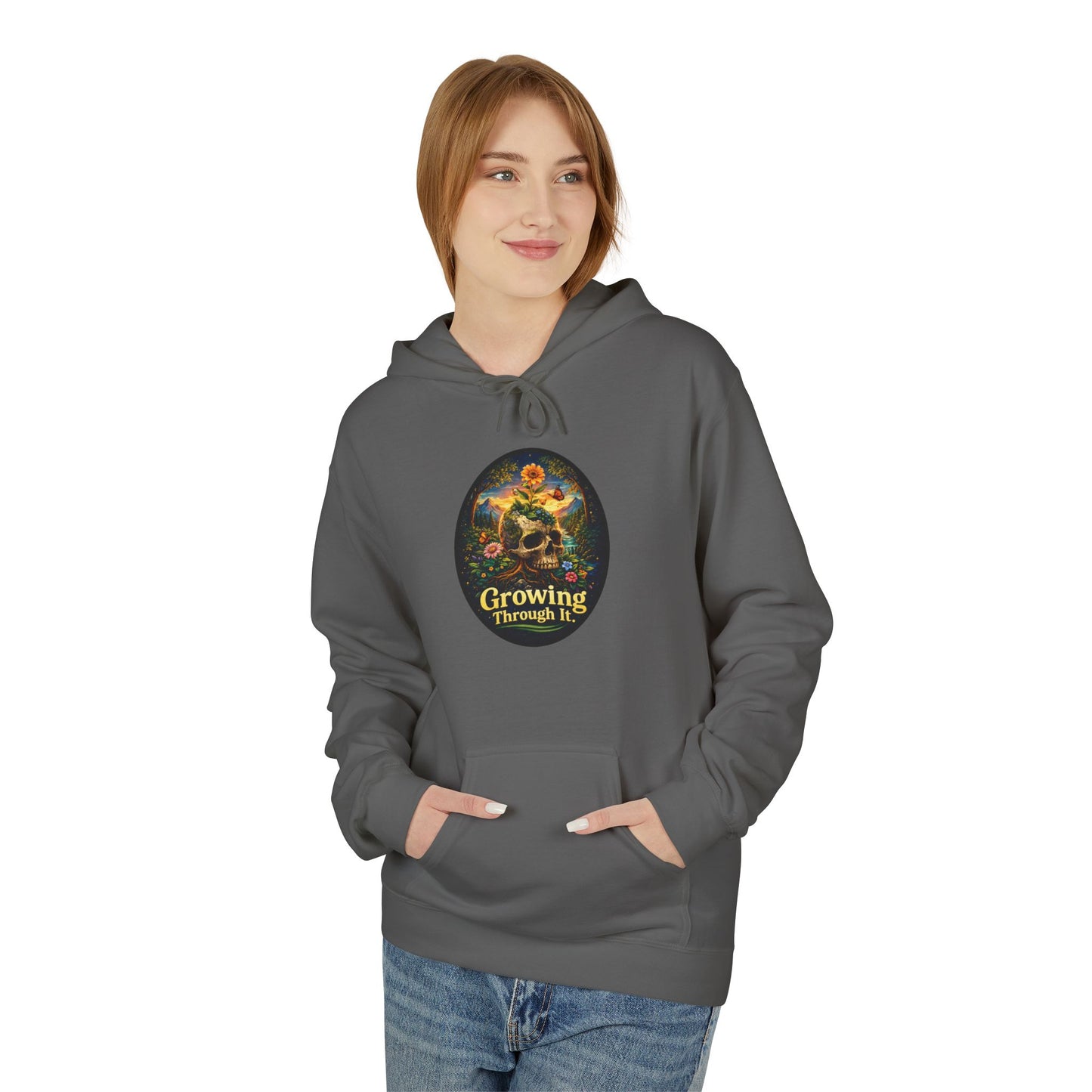 Growing Through It Hoodie – Earth Day Nature Skull Sweatshirt | Mental Growth & Healing Hoodie | Botanical Aesthetic Unisex Hoodie