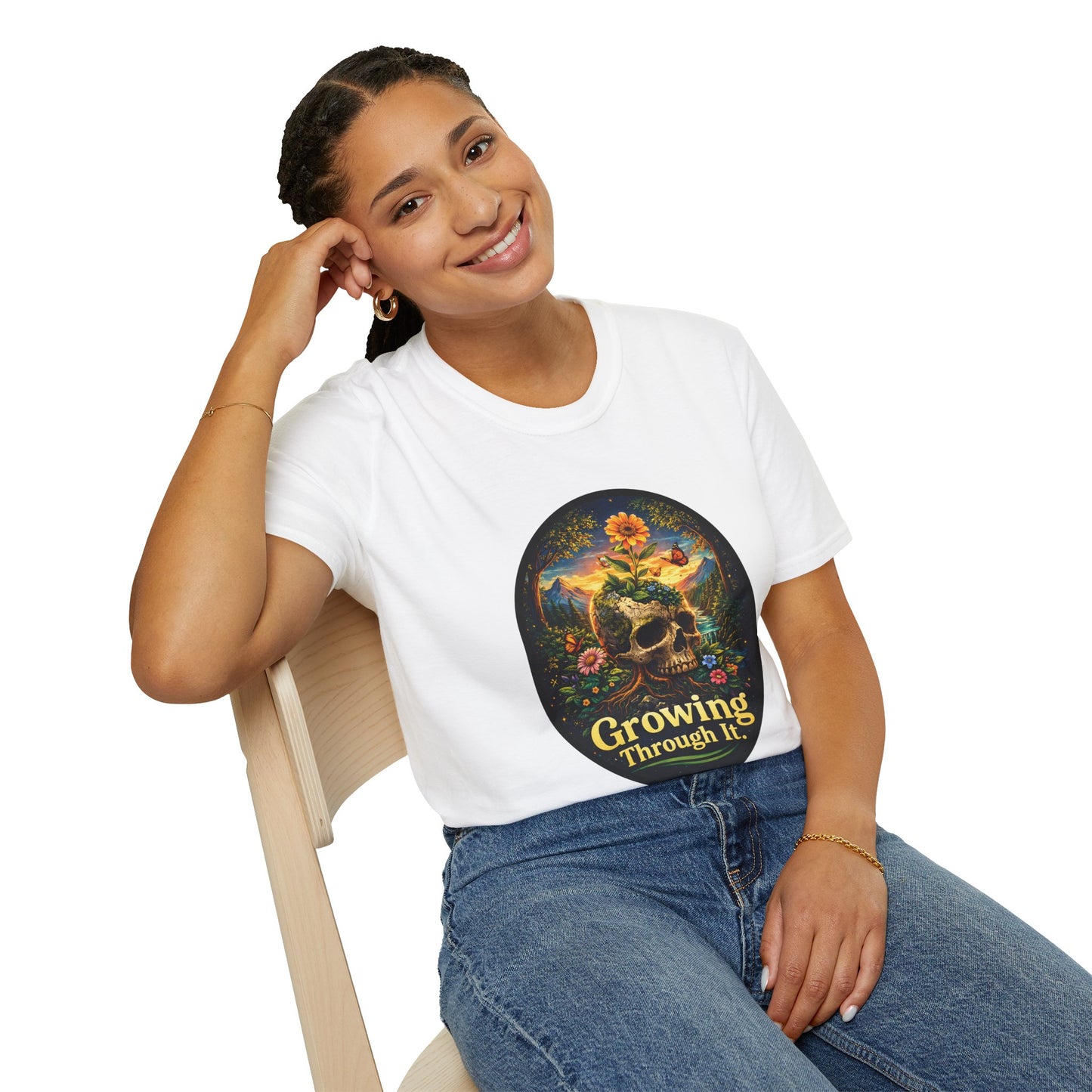 Growing Through It T-Shirt – Earth Day Nature Skull Graphic Tee | Mental Growth & Healing Shirt | Botanical Aesthetic Unisex Tee