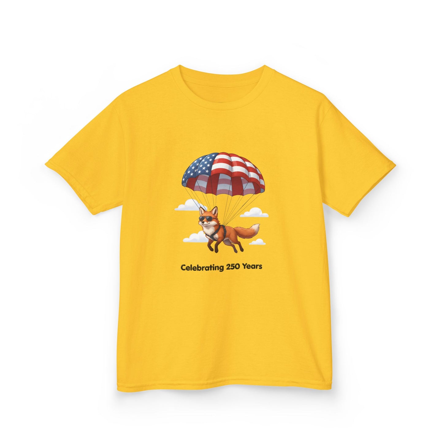Kids Tee — Patriotic Fox with Parachute - “Celebrating 250 Years”