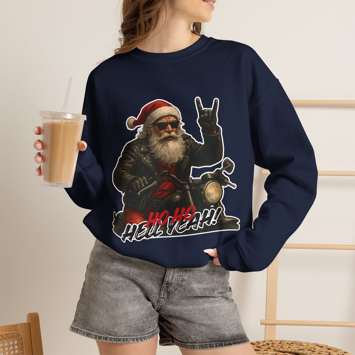 Santa Biker Crewneck Sweatshirt – 'Ho Ho Hell Yeah' Christmas Motorcycle Pullover