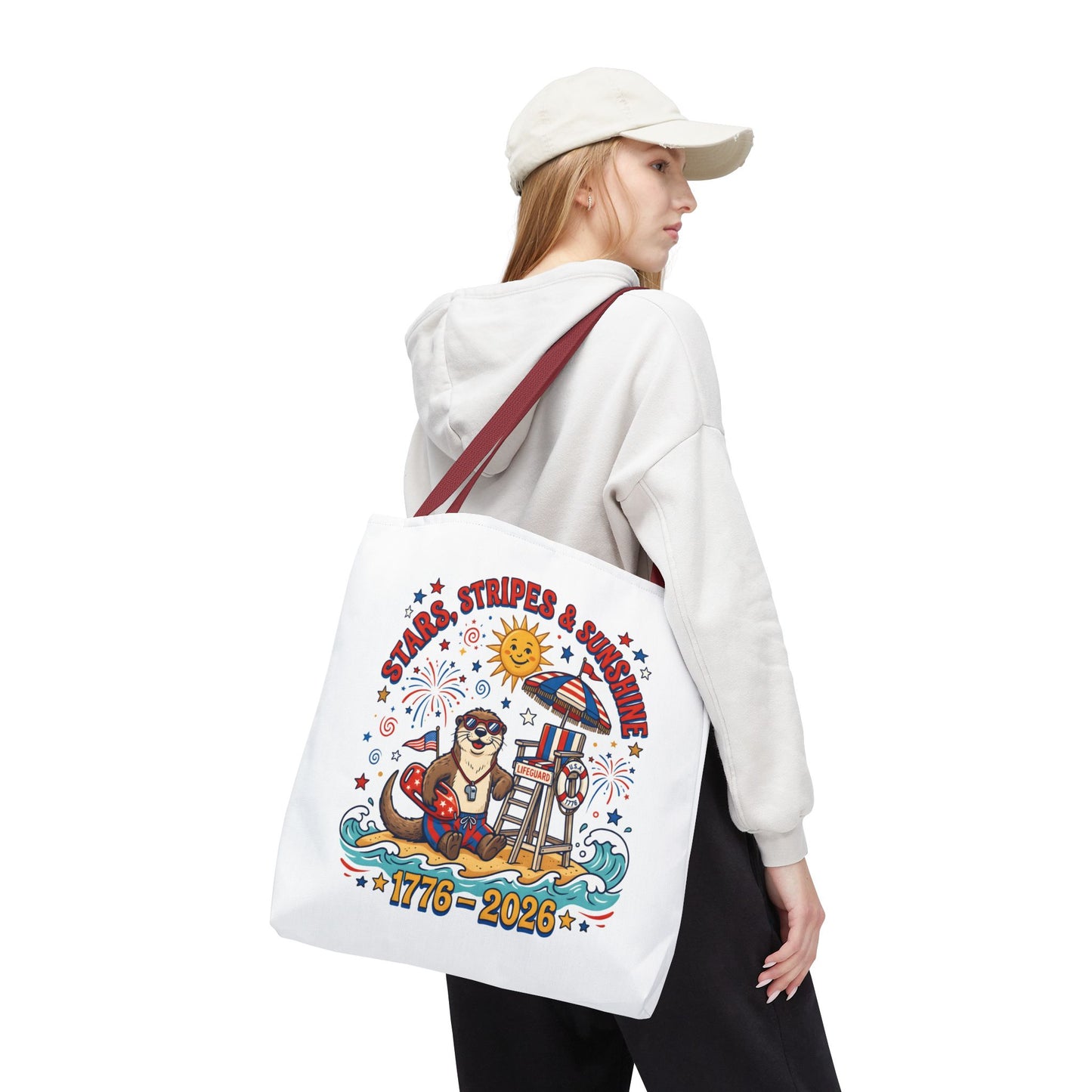 Stars, Stripes & Sunshine Tote Bag — 1776–2026 Patriotic Summer Beach Tote, 4th of July Tote