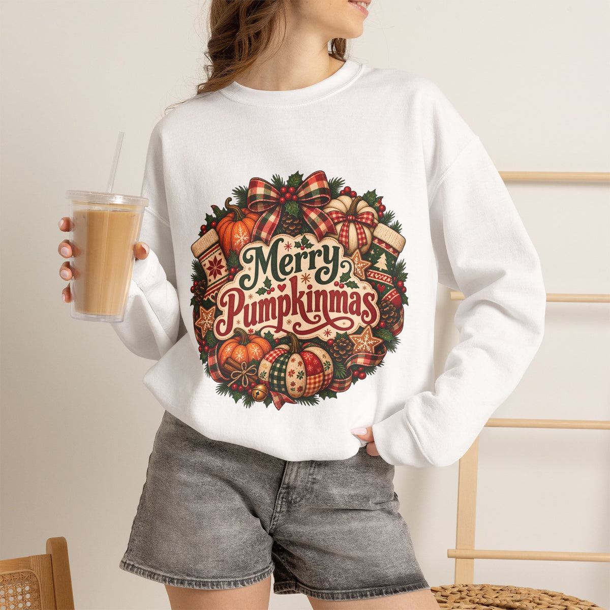 Merry Pumpkinmas Sweatshirt — Holiday Pumpkin Wreath Crewneck