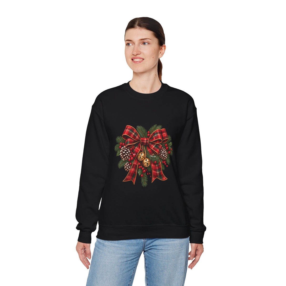 Christmas Plaid Bow Sweatshirt - Holiday Pinecone & Jingle Bells Crewneck