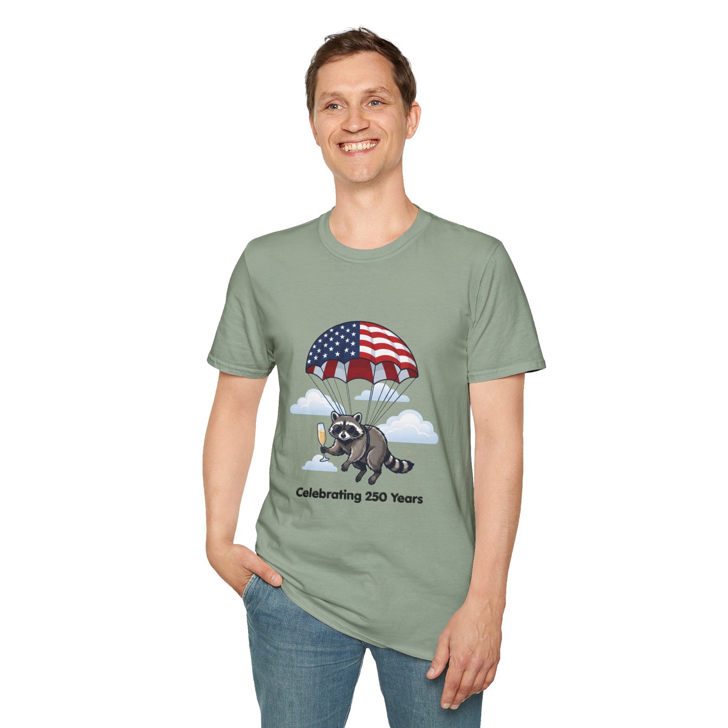 Patriotic Parachuting Raccoon T-Shirt — "Celebrating 250 Years"