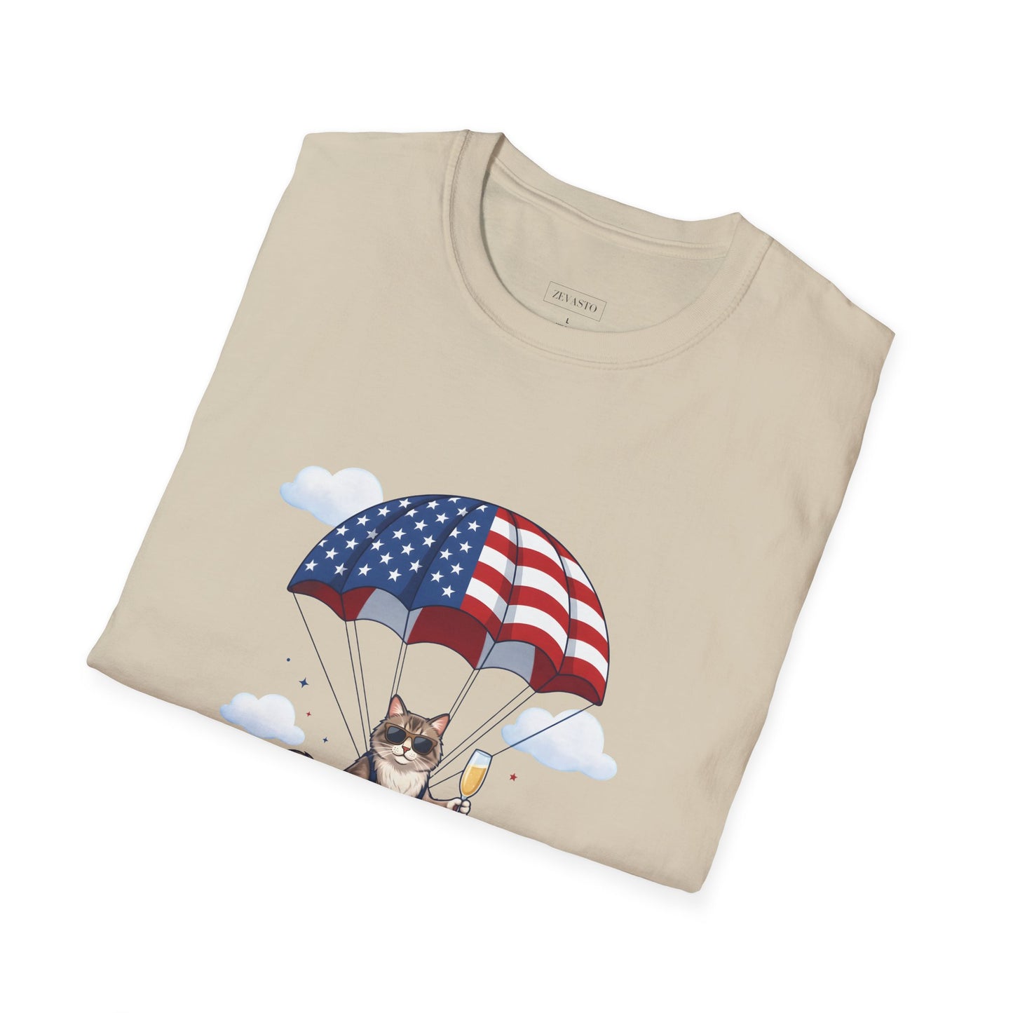 Patriotic Cat Parachute T-Shirt — "Celebrating 250 Years" 4th of July Tee