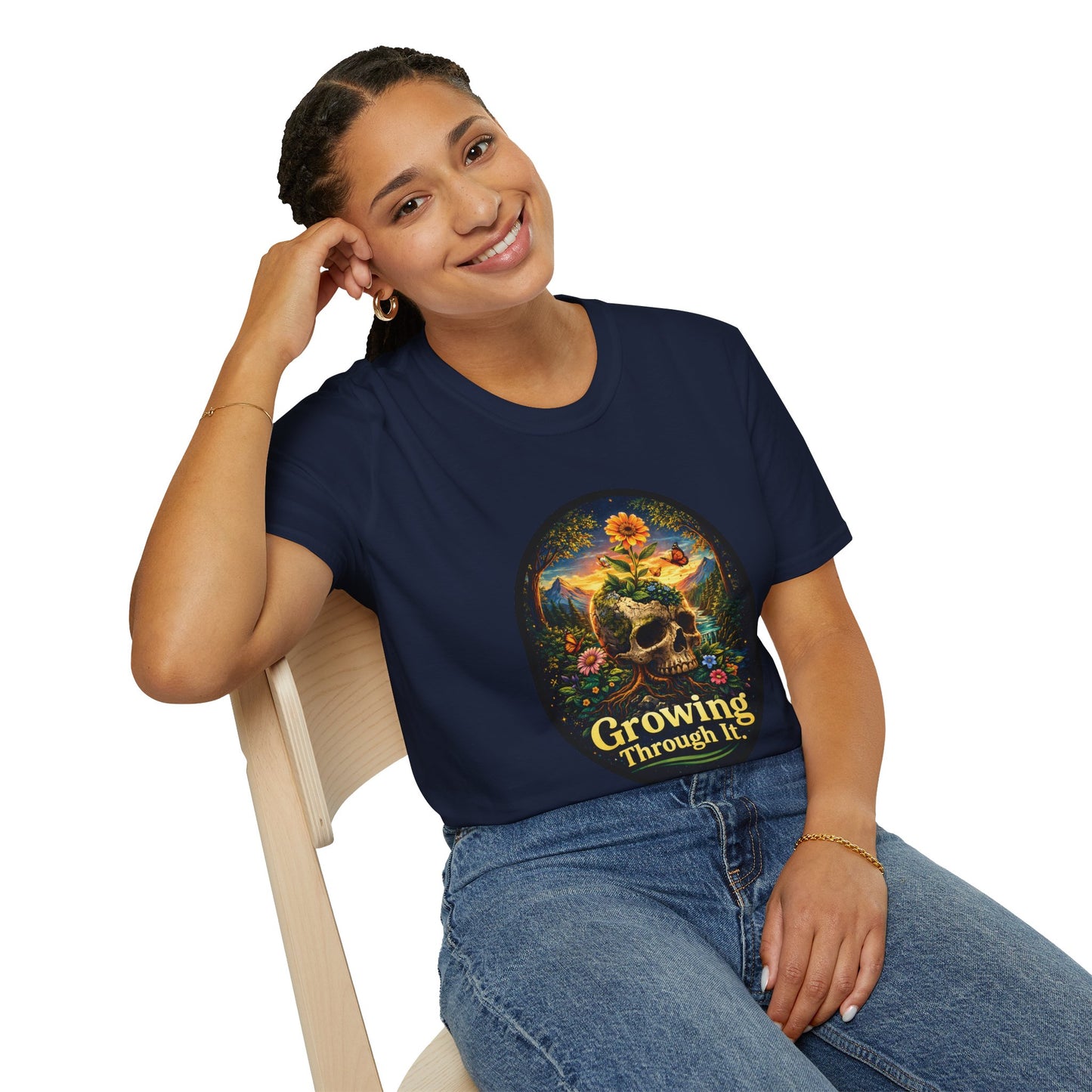 Growing Through It T-Shirt – Earth Day Nature Skull Graphic Tee | Mental Growth & Healing Shirt | Botanical Aesthetic Unisex Tee