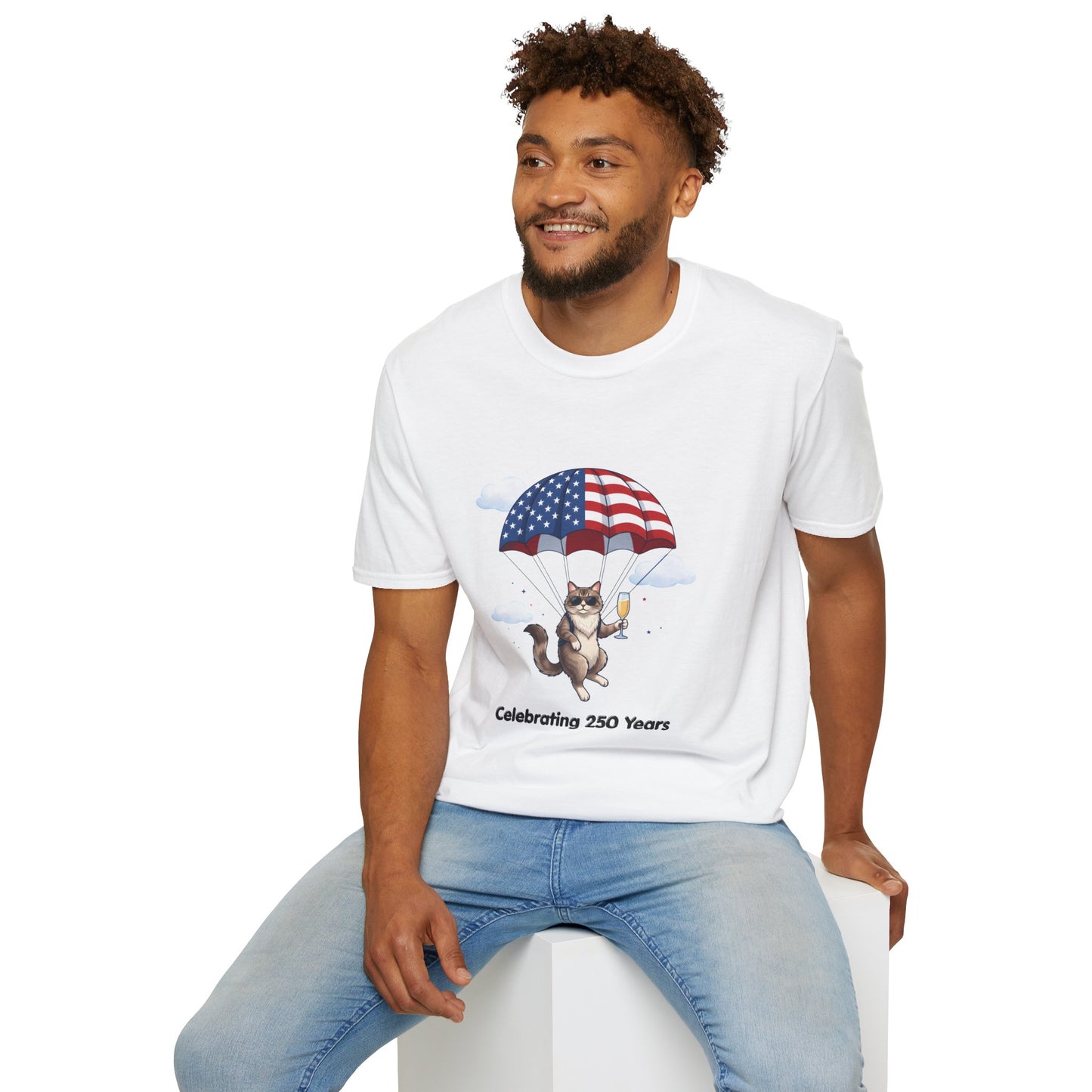 Patriotic Cat Parachute T-Shirt — "Celebrating 250 Years" 4th of July Tee