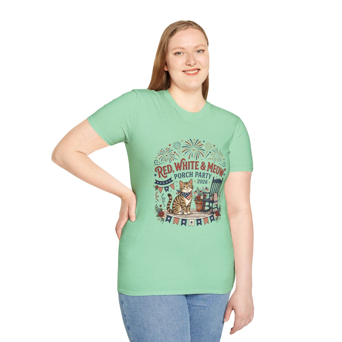 Red, White & Meow Porch Party T-Shirt — 2026 Patriotic Cat Tee, 4th of July Shirt, Independence Day Gift