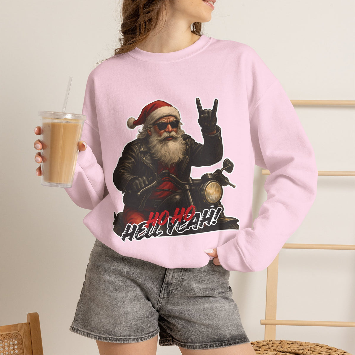 Santa Biker Crewneck Sweatshirt – 'Ho Ho Hell Yeah' Christmas Motorcycle Pullover