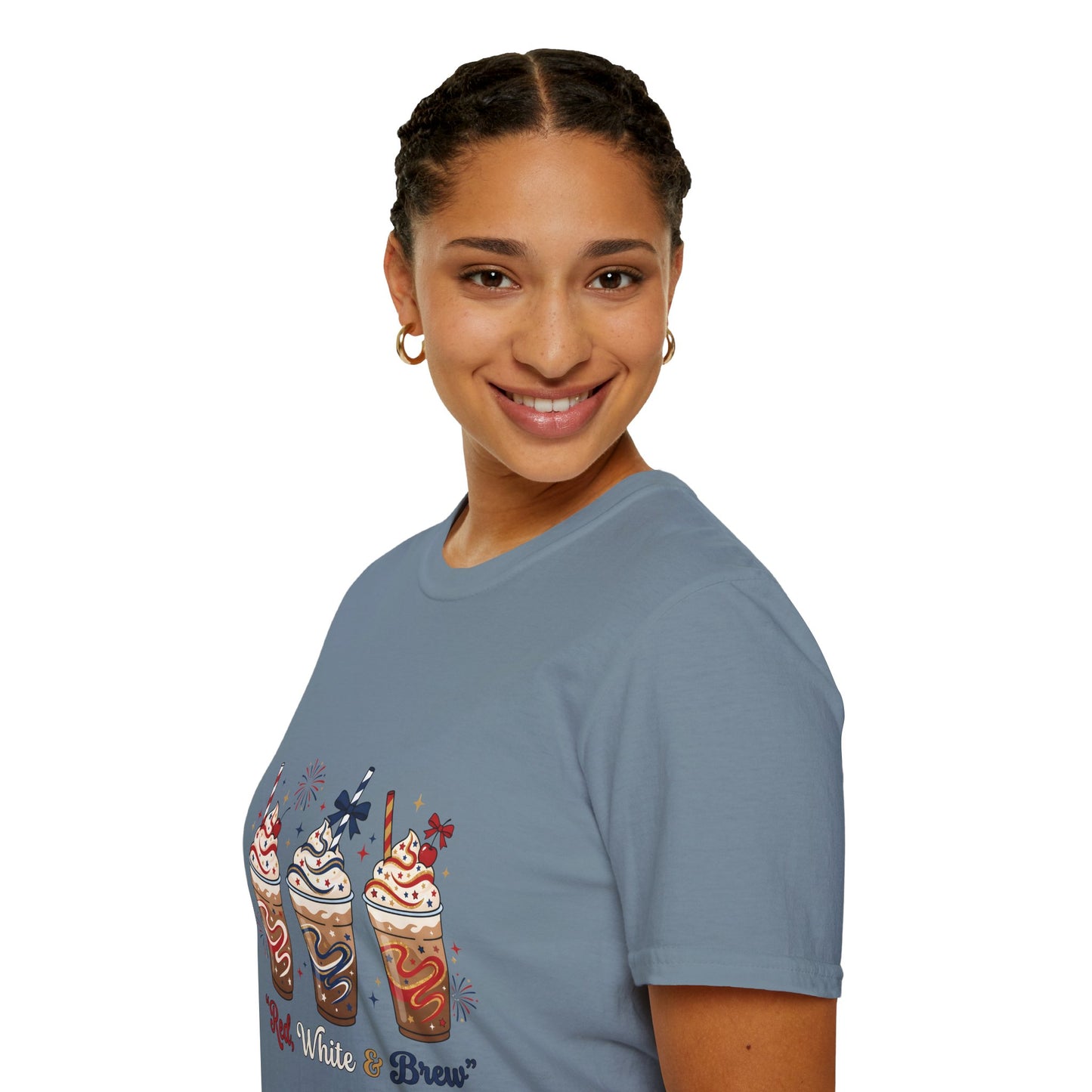 Patriotic Iced Coffee Tee — "Red, White & Brew" Graphic T‑Shirt