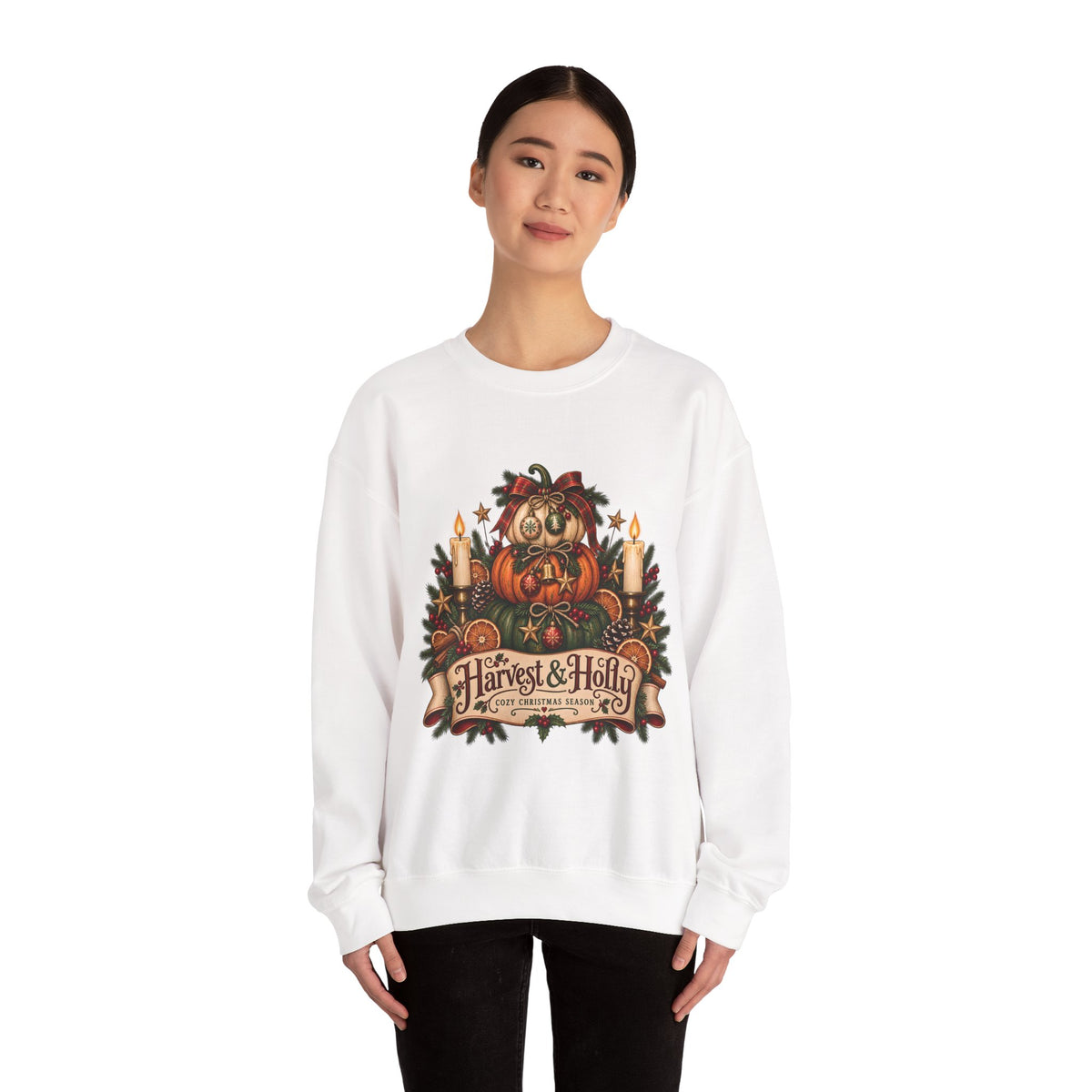 Harvest & Holly Crewneck Sweatshirt — Vintage Pumpkin Fall Graphic Sweatshirt