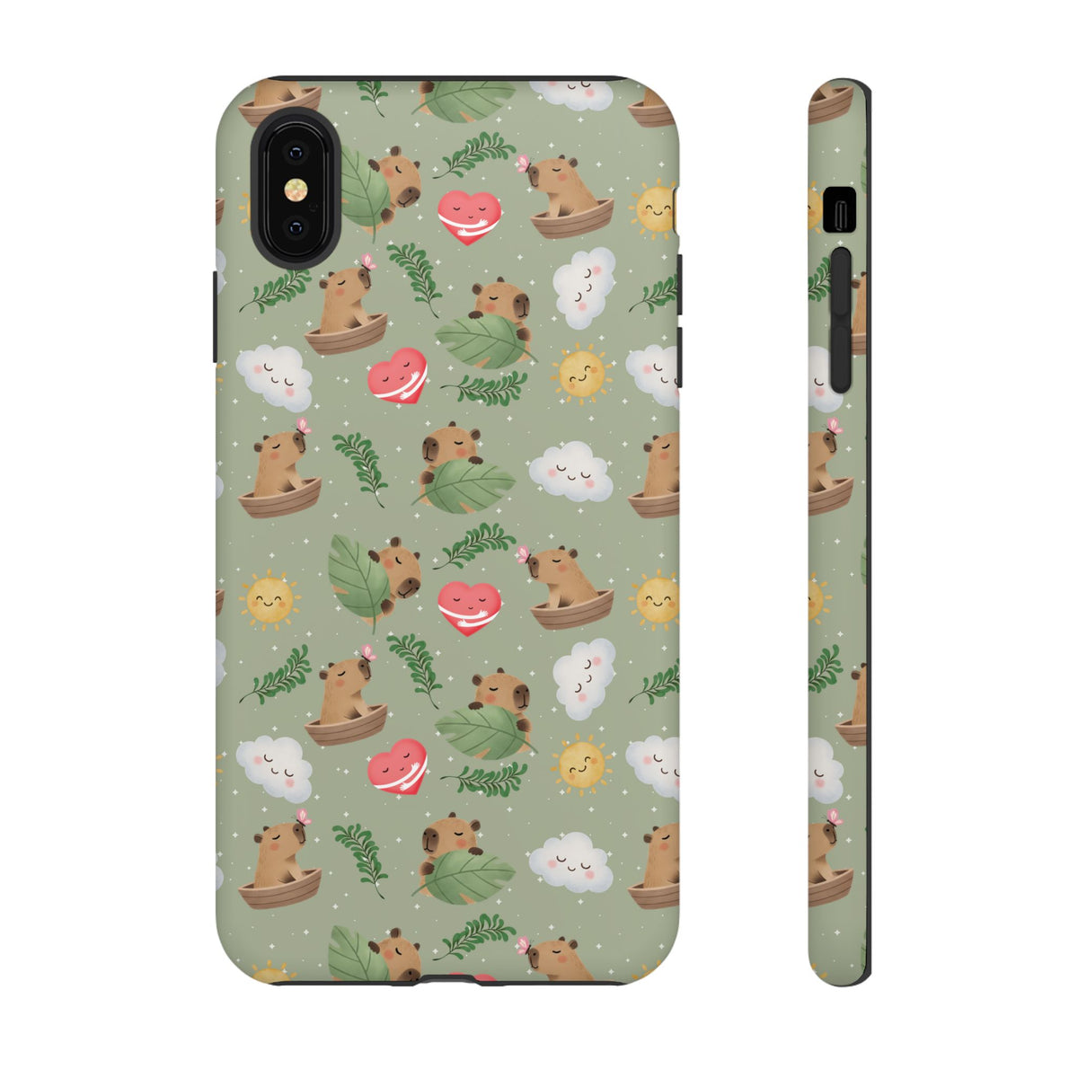 Cute Capybara Pattern Phone Case — Green Botanical Tough Case
