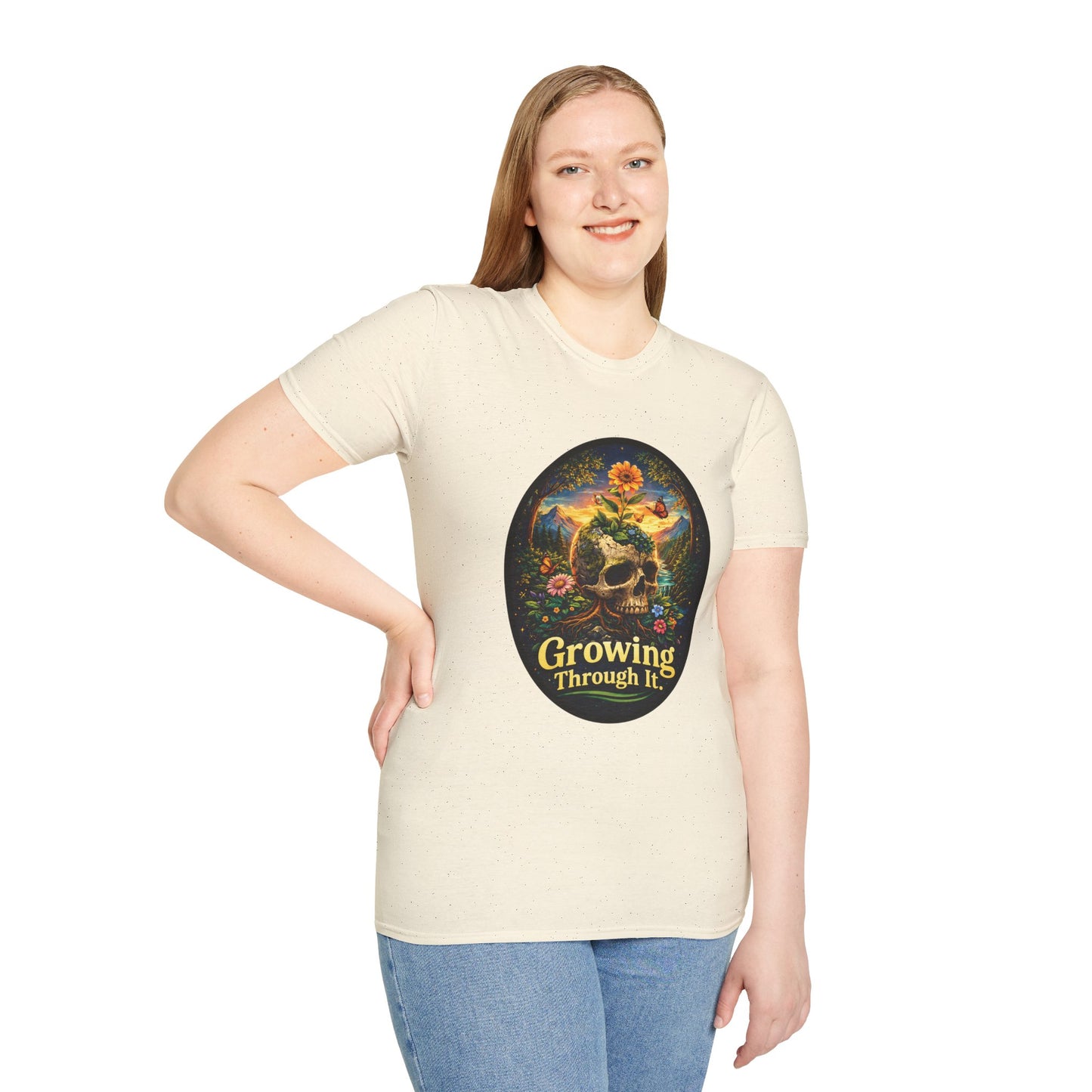 Growing Through It T-Shirt – Earth Day Nature Skull Graphic Tee | Mental Growth & Healing Shirt | Botanical Aesthetic Unisex Tee