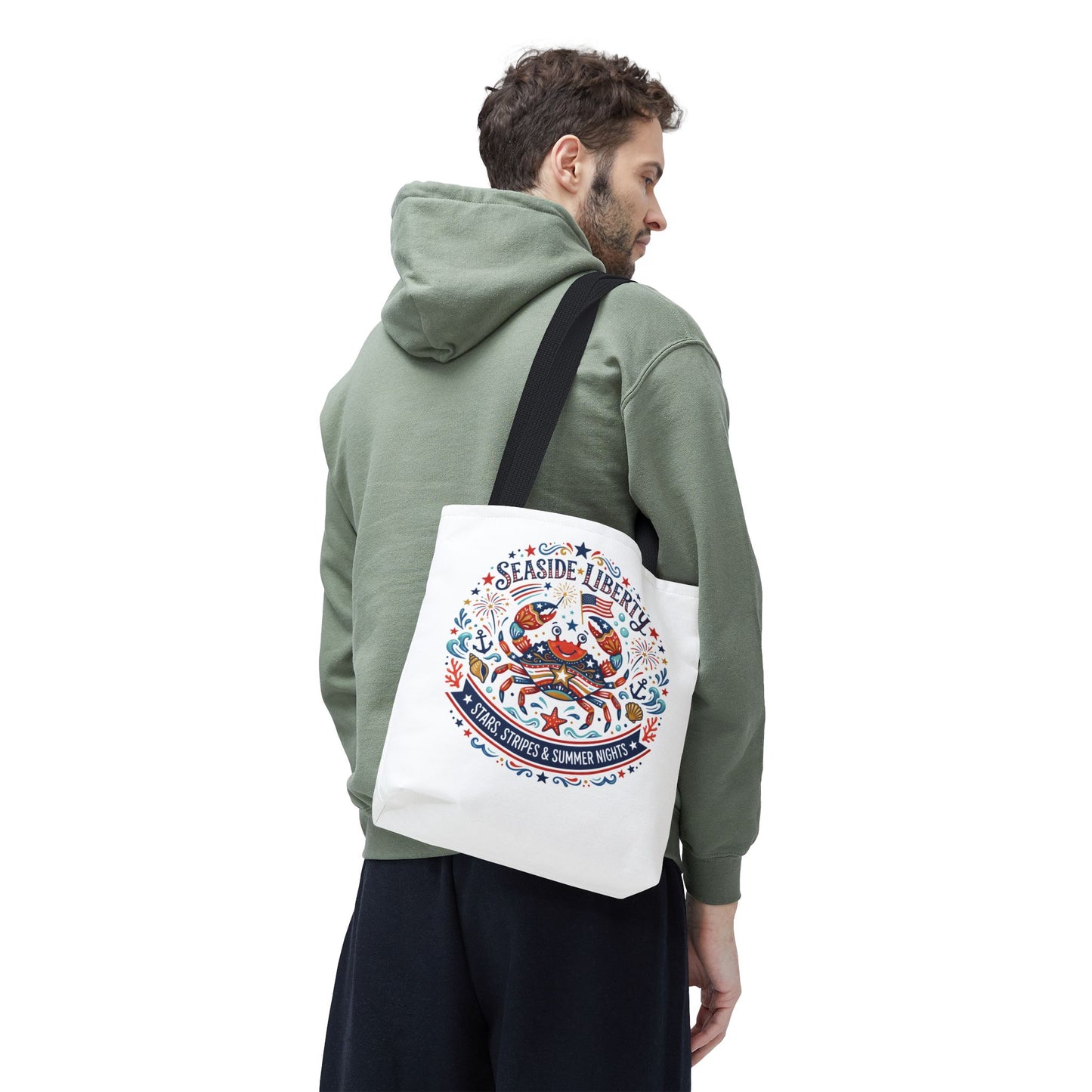 Seaside Liberty Tote Bag — 4th of July, Patriotic Bag "Stars, Stripes & Summer Nights"