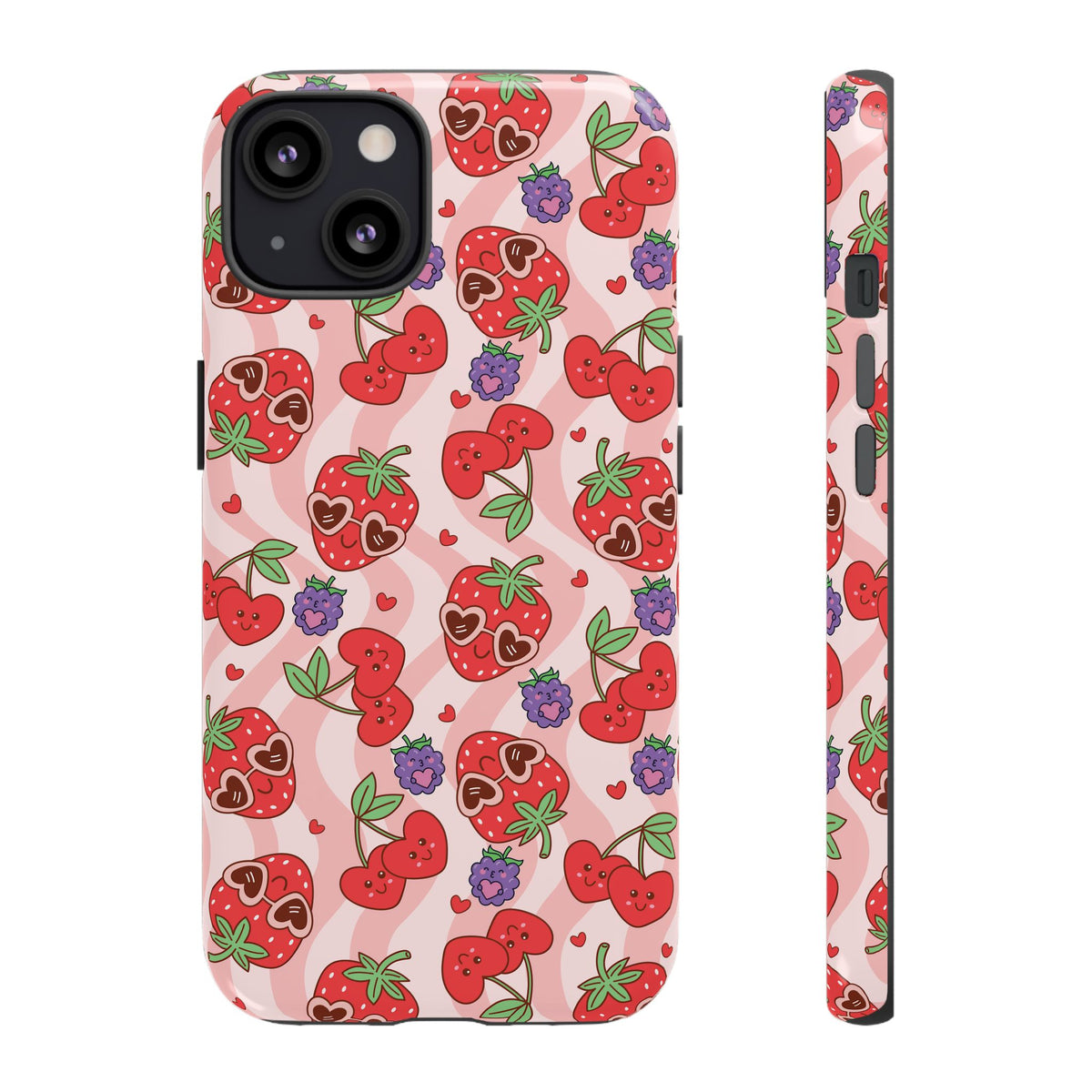 Cute Kawaii Strawberry & Cherry Phone Case — Pink Fruit Pattern Protective Case