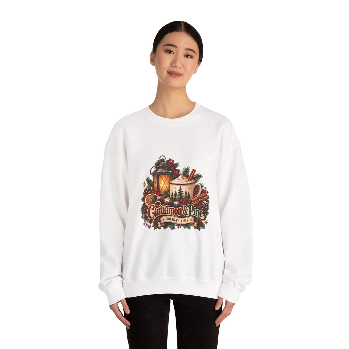 Cinnamon & Pine Crewneck Sweatshirt — Cozy Holiday Lantern Design Sweatshirt