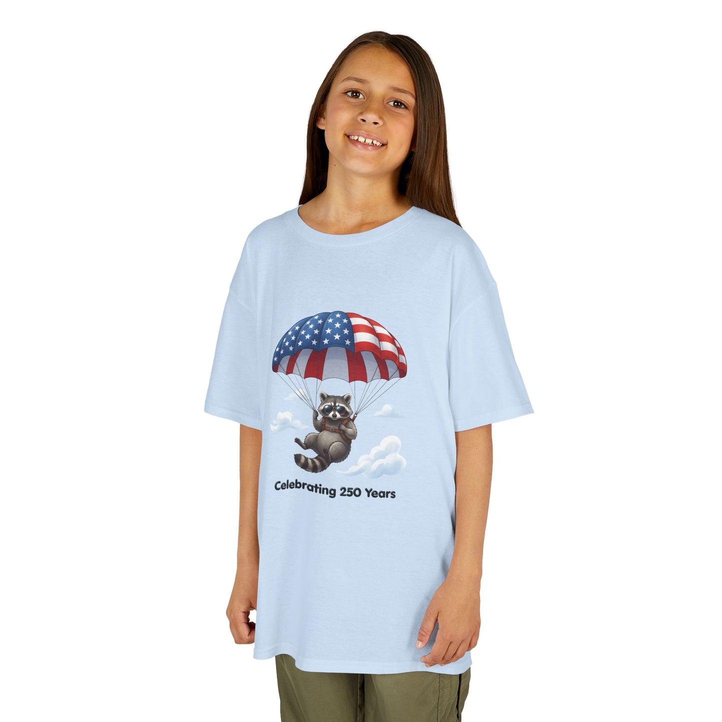 Kids T-Shirt — Patriotic Raccoon Parachute “Celebrating 250 Years”
