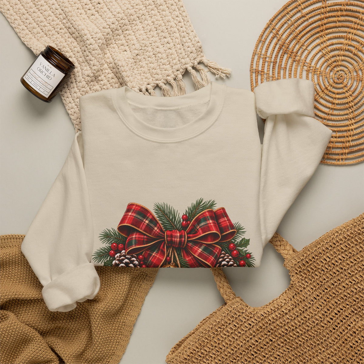 Christmas Plaid Bow Sweatshirt - Holiday Pinecone & Jingle Bells Crewneck