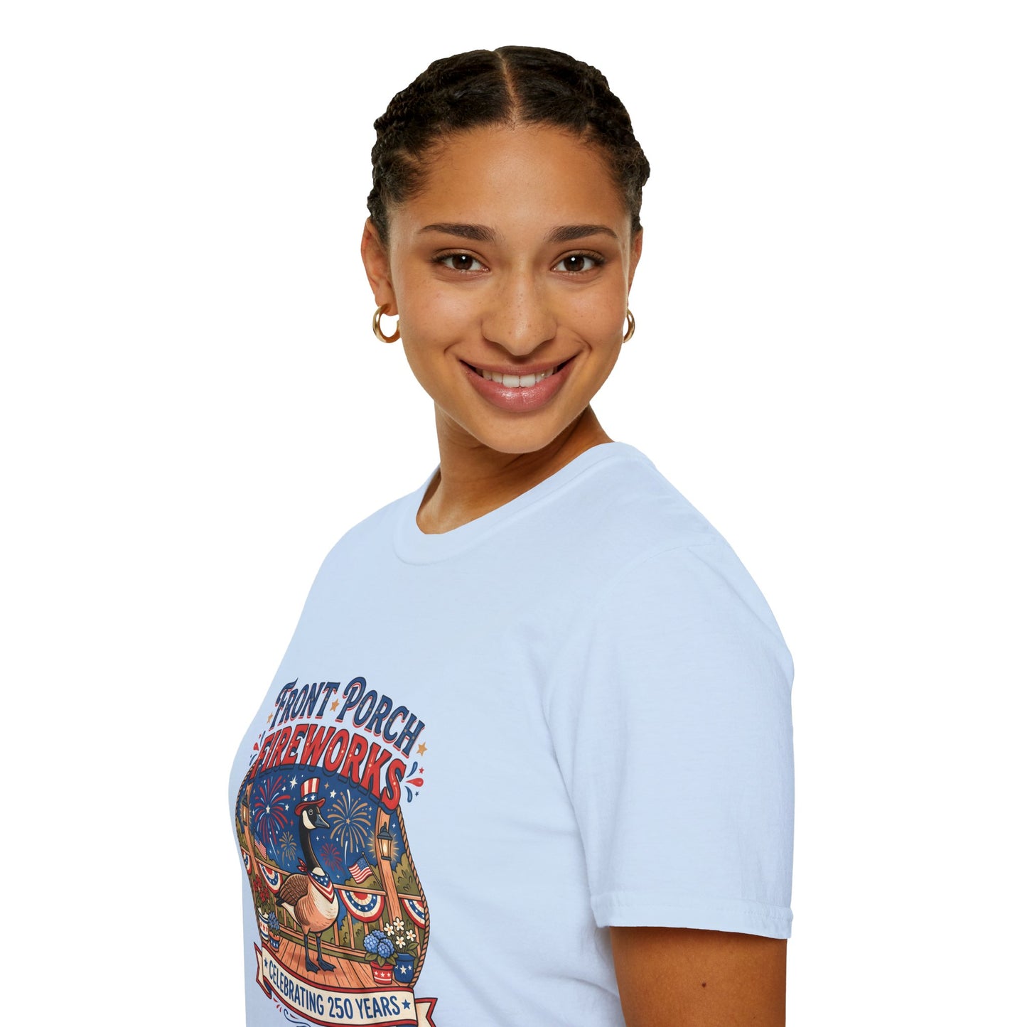 Front Porch Fireworks, Goose T-Shirt — Patriotic 4th of July Celebration Tee