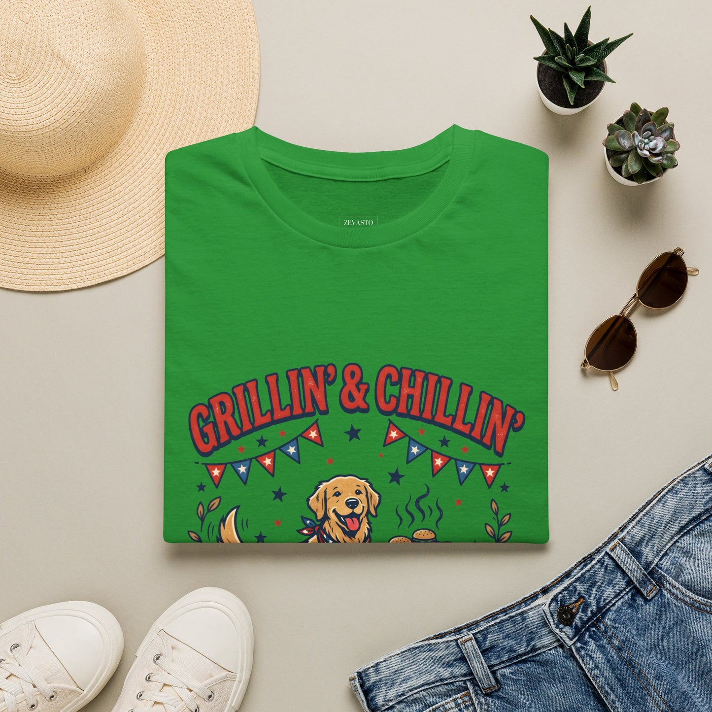 Grillin' & Chillin' BBQ Dog T-Shirt — 1776-2026 Patriotic Summer Tee, 4th of July Shirt, Independence Day Tee