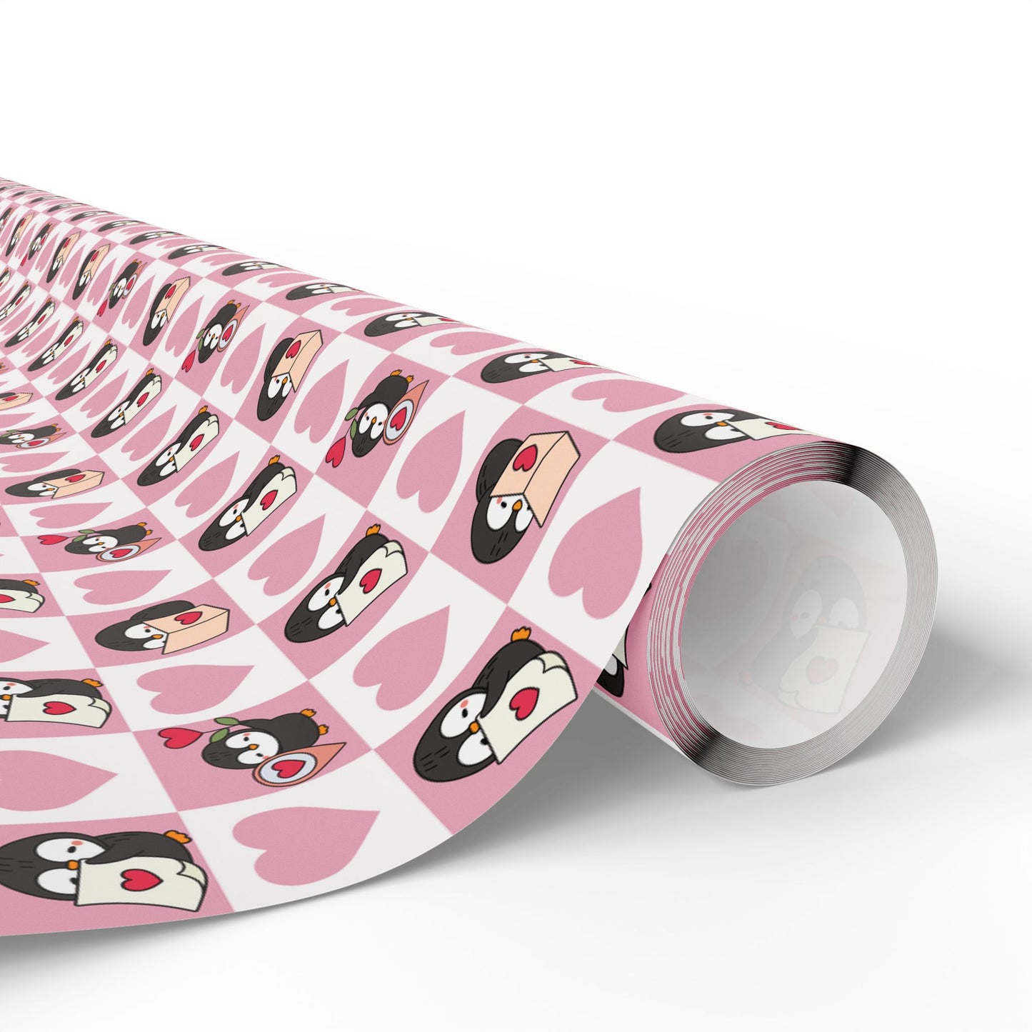 Penguin Hearts Wrapping Paper Roll — Pink Valentine Gift Wrap