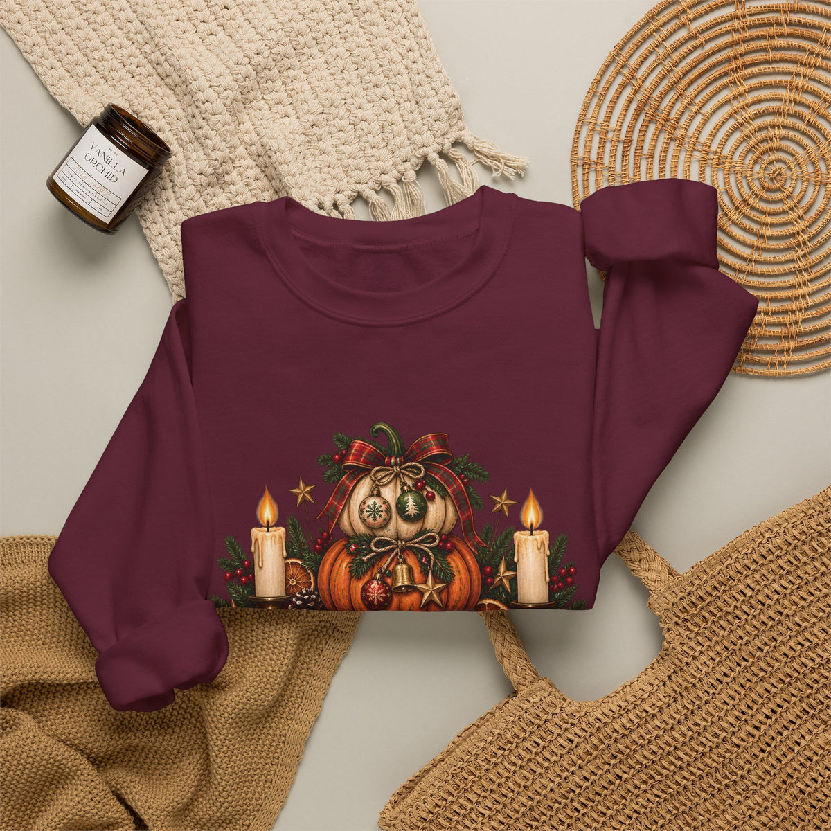 Harvest & Holly Crewneck Sweatshirt — Vintage Pumpkin Fall Graphic Sweatshirt