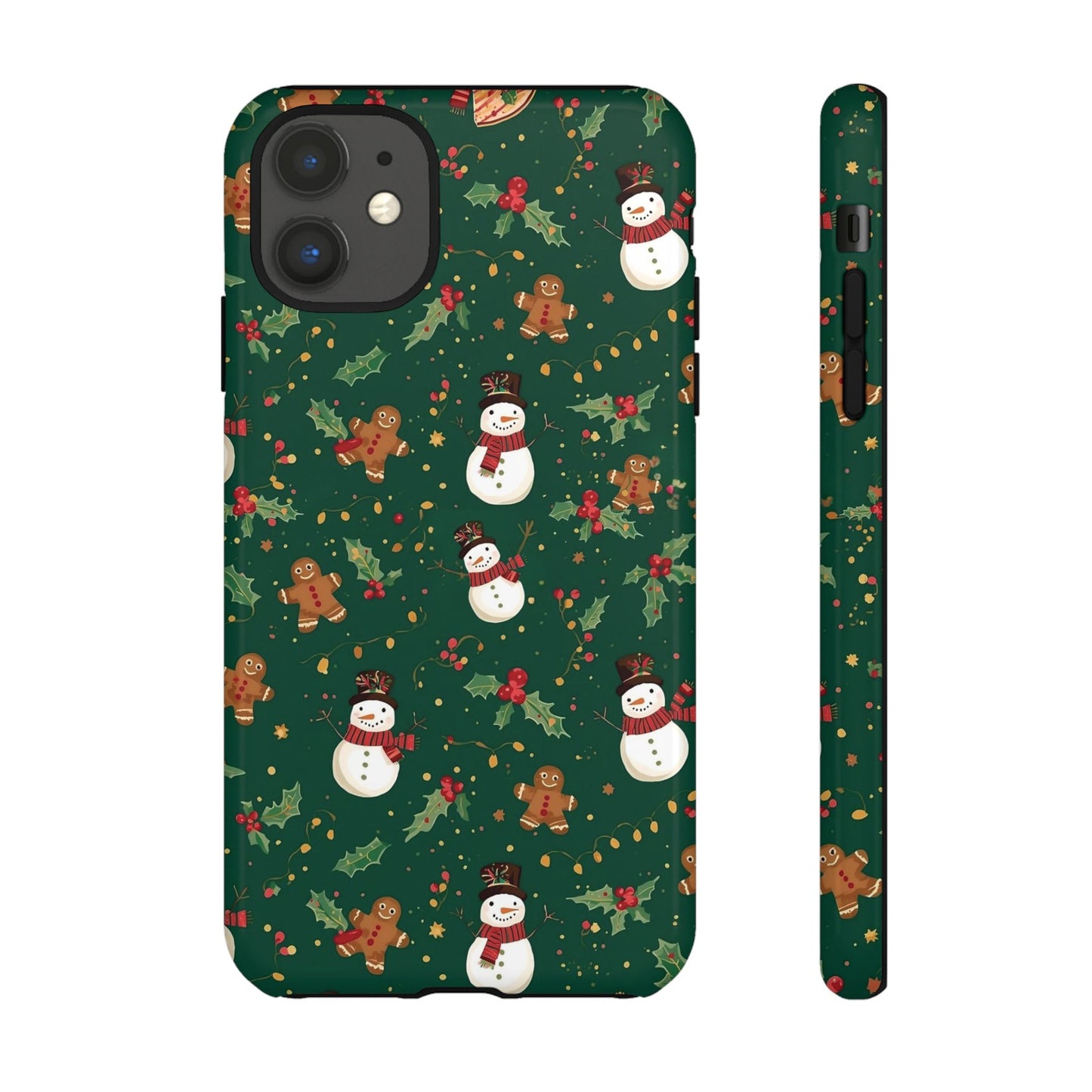Christmas Phone Case with Snowmen and Gingerbread Design, Dual Layer Phone Case for Iphone 17, 16, 15, 14, 13, 12, 11 & Samsung