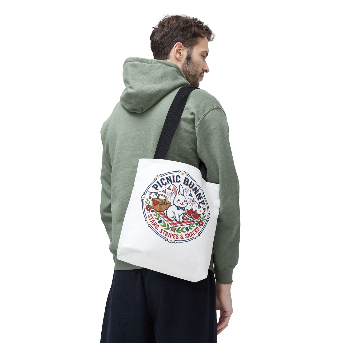 Patriotic Picnic Bunny Tote Bag — ‘Stars, Stripes & Snacks’ Cute Rabbit Picnic Tote, 4th of July Tote
