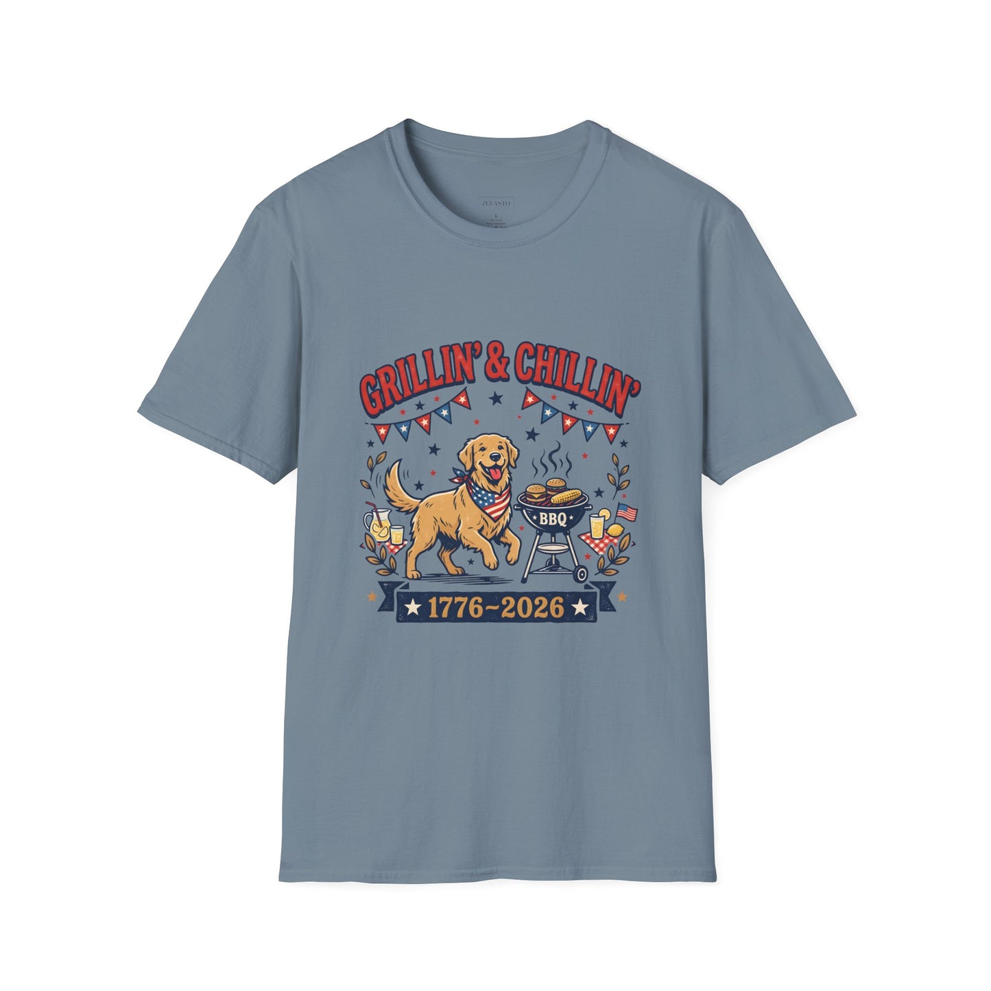 Grillin' & Chillin' BBQ Dog T-Shirt — 1776-2026 Patriotic Summer Tee, 4th of July Shirt, Independence Day Tee
