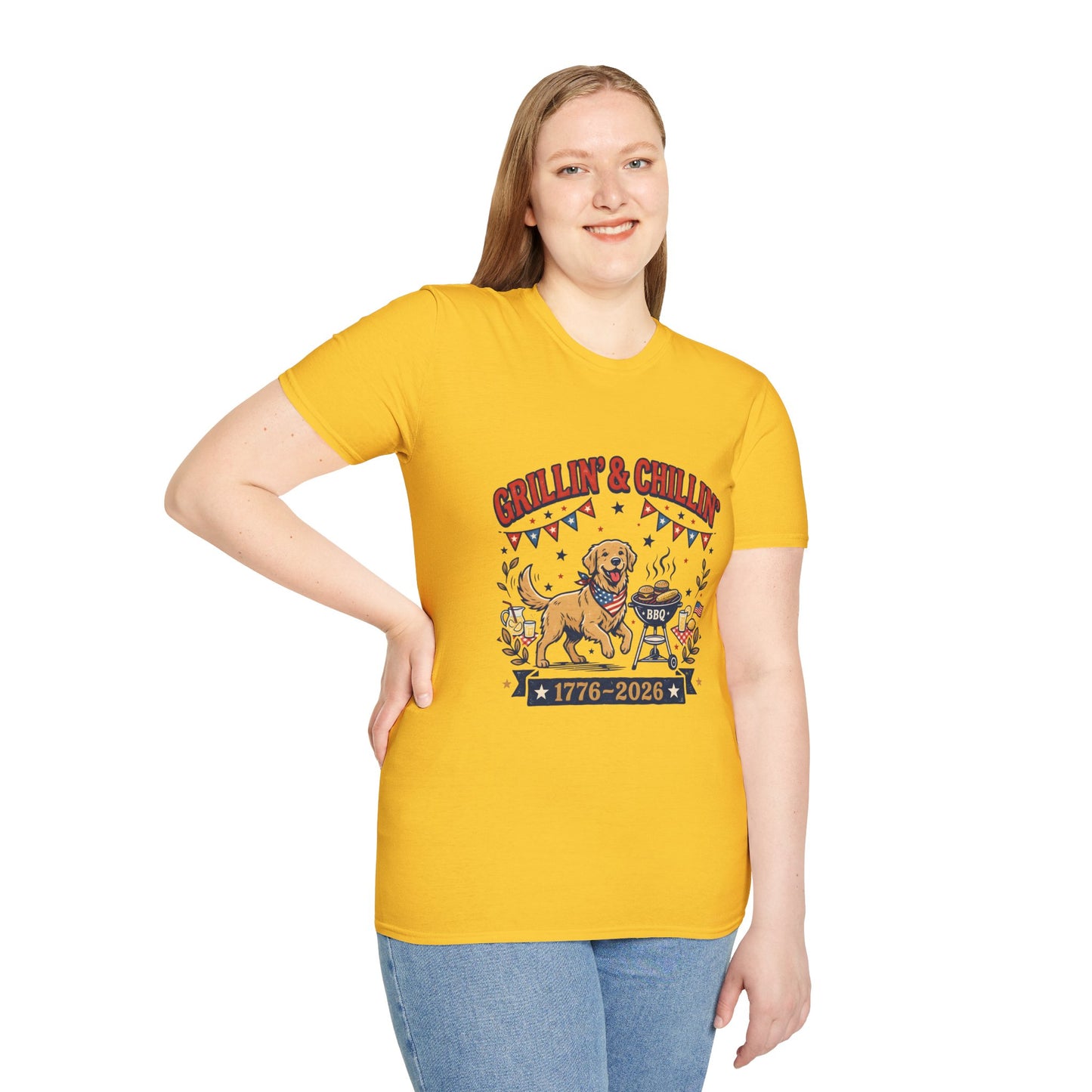 Grillin' & Chillin' BBQ Dog T-Shirt — 1776-2026 Patriotic Summer Tee, 4th of July Shirt, Independence Day Tee