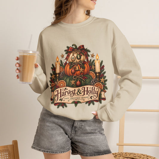 Harvest & Holly Crewneck Sweatshirt — Vintage Pumpkin Fall Graphic Sweatshirt