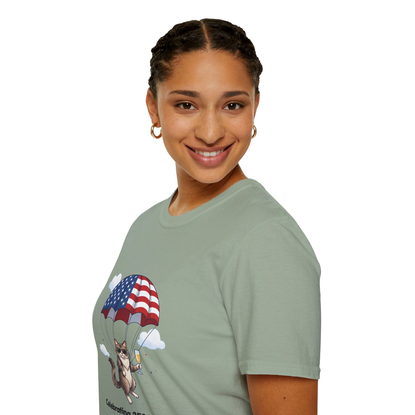 Patriotic Cat Parachute T-Shirt — "Celebrating 250 Years" 4th of July Tee