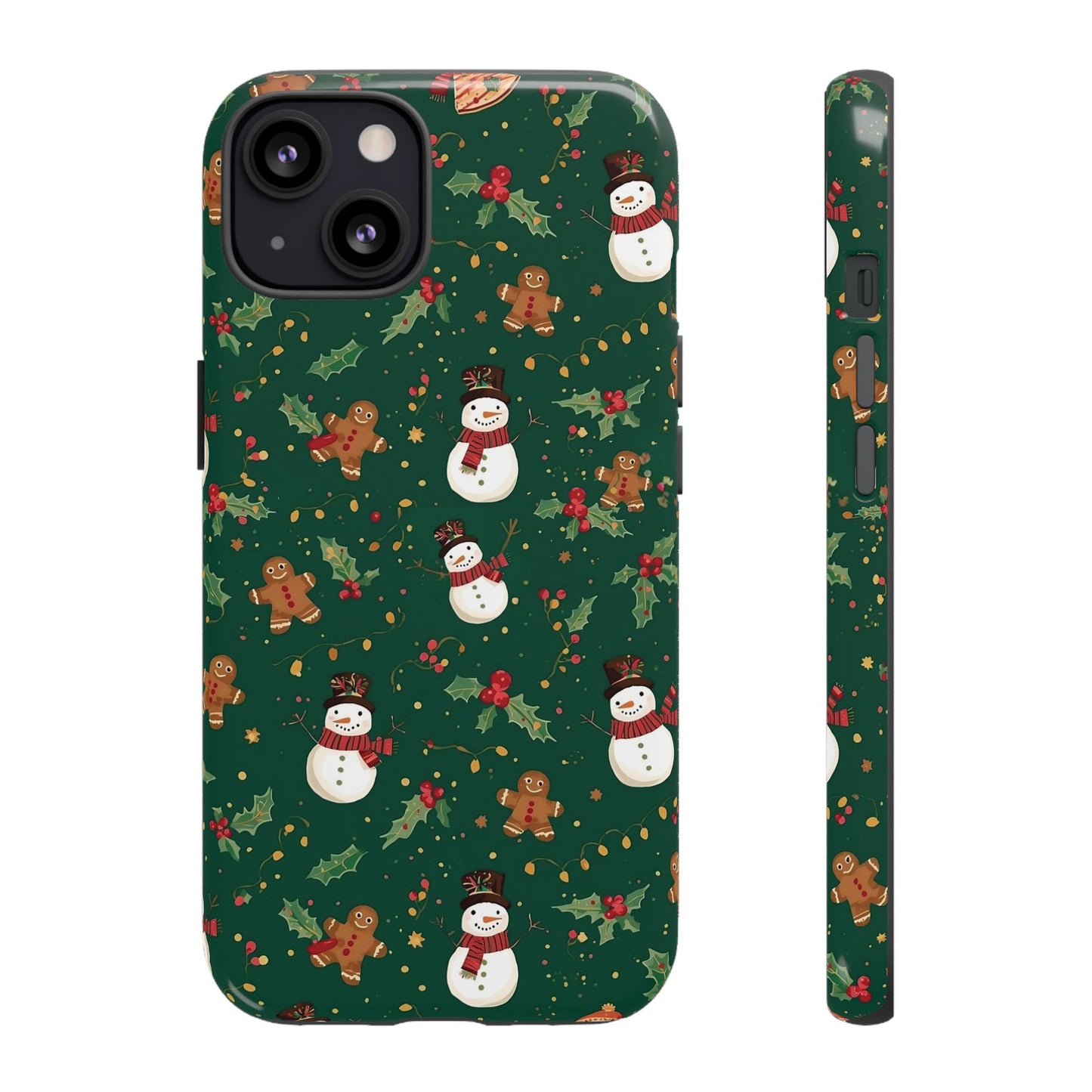 Christmas Phone Case with Snowmen and Gingerbread Design, Dual Layer Phone Case for Iphone 17, 16, 15, 14, 13, 12, 11 & Samsung