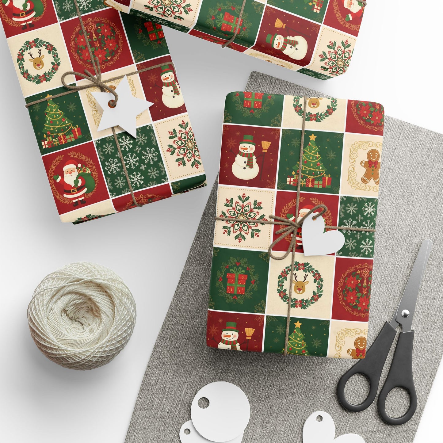Christmas Patchwork Wrapping Paper Roll — Holiday Gift Wrap with Gingerbread, Snowman & Reindeer