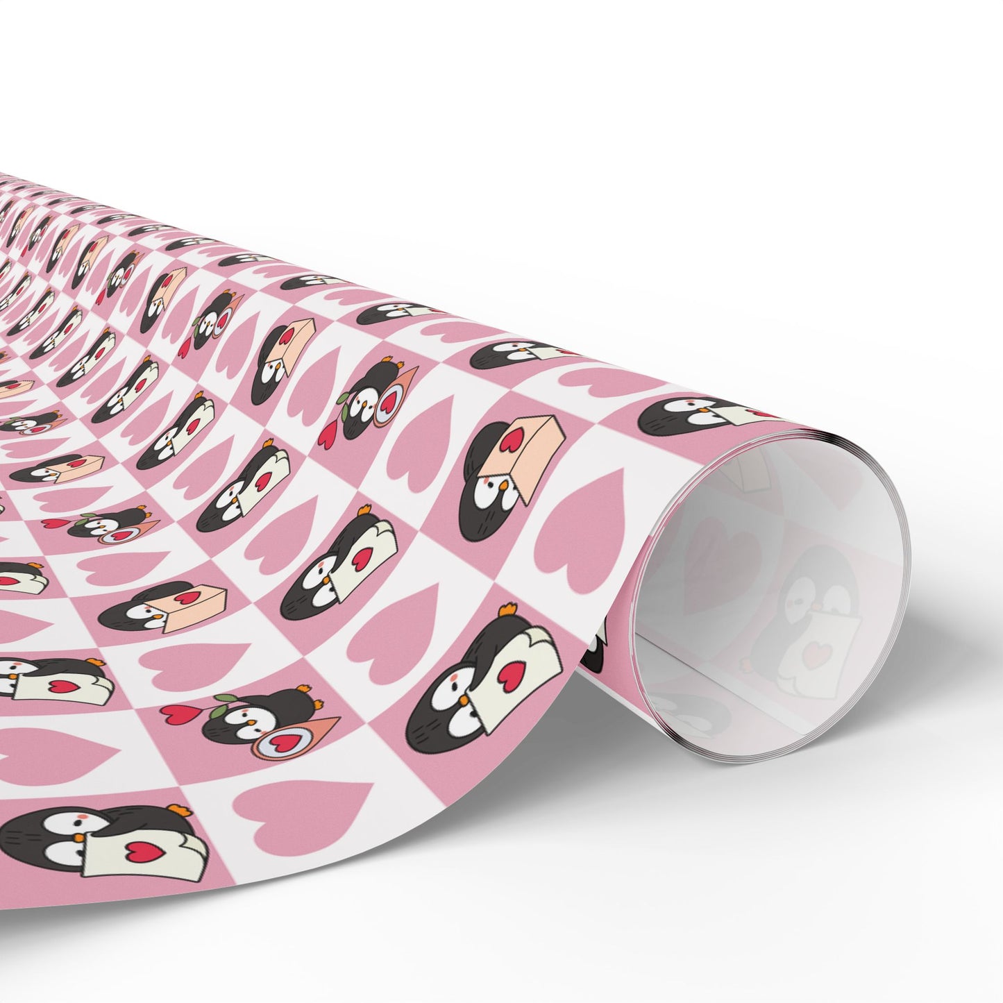 Penguin Hearts Wrapping Paper Roll — Pink Valentine Gift Wrap