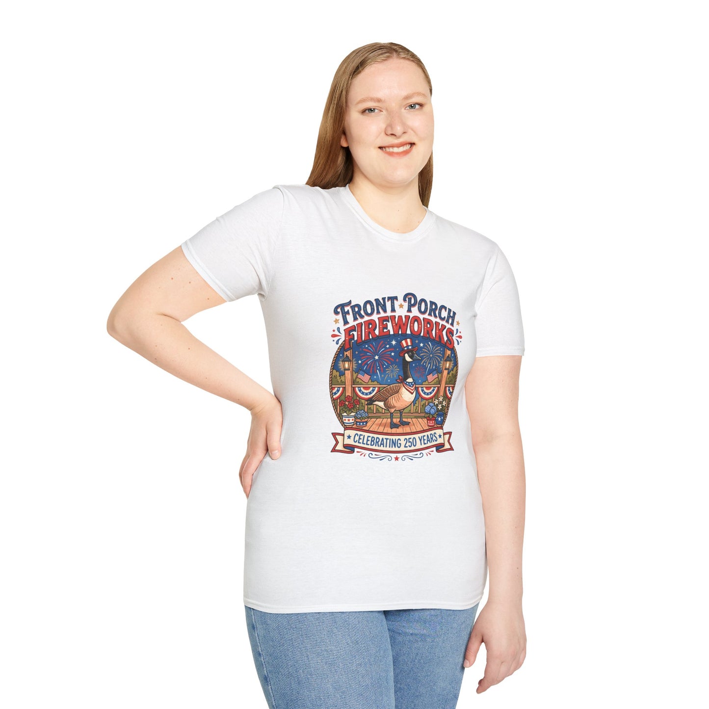 Front Porch Fireworks, Goose T-Shirt — Patriotic 4th of July Celebration Tee
