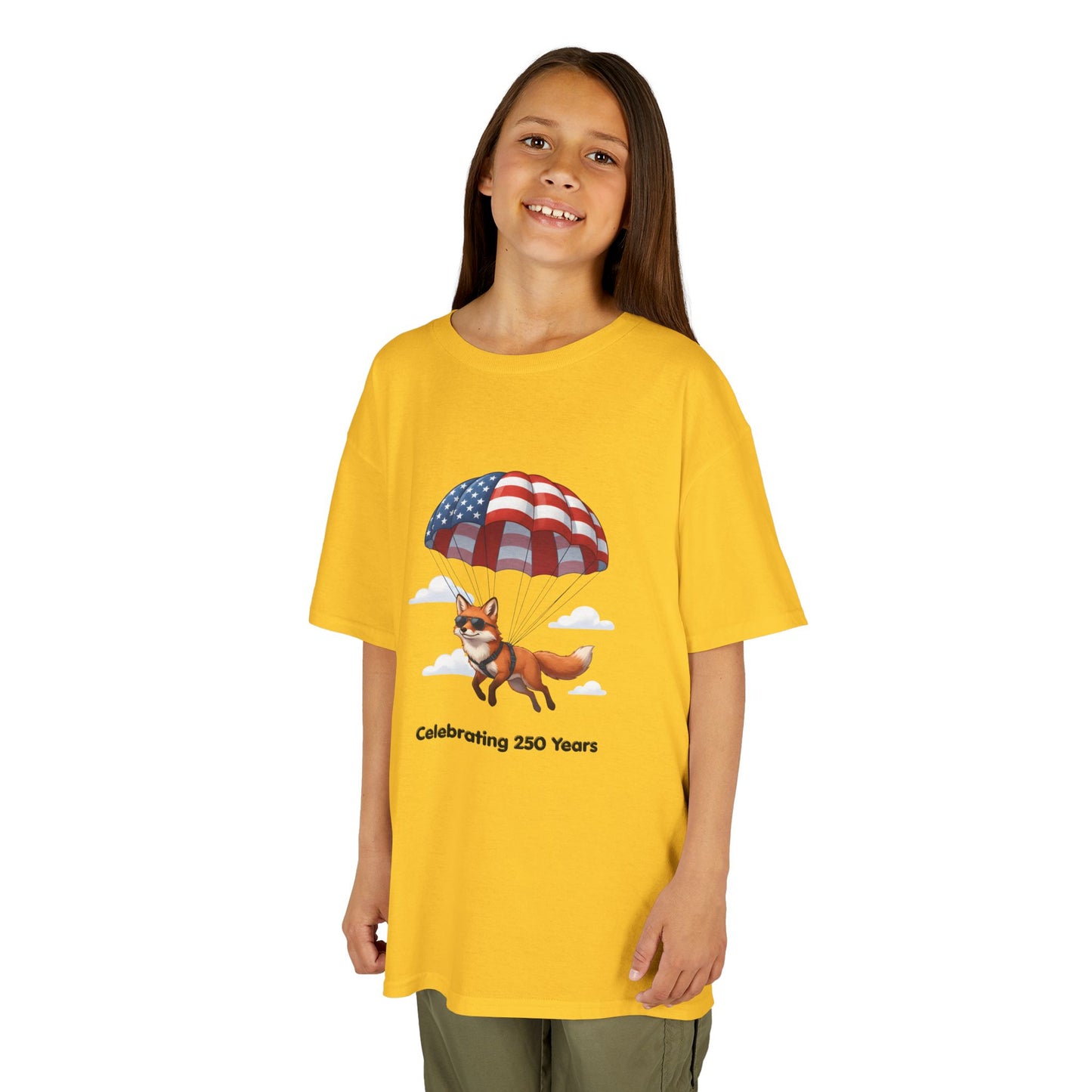 Kids Tee — Patriotic Fox with Parachute - “Celebrating 250 Years”