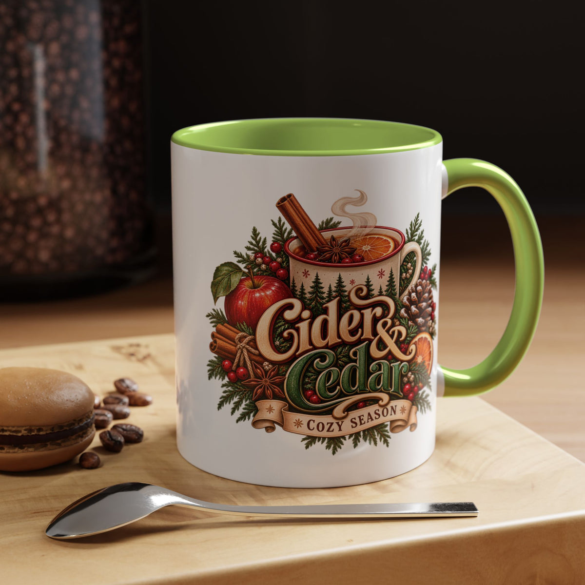 Cider & Cedar Accent Coffee Mug — Cozy Fall Hot Drink Gift (11 oz)