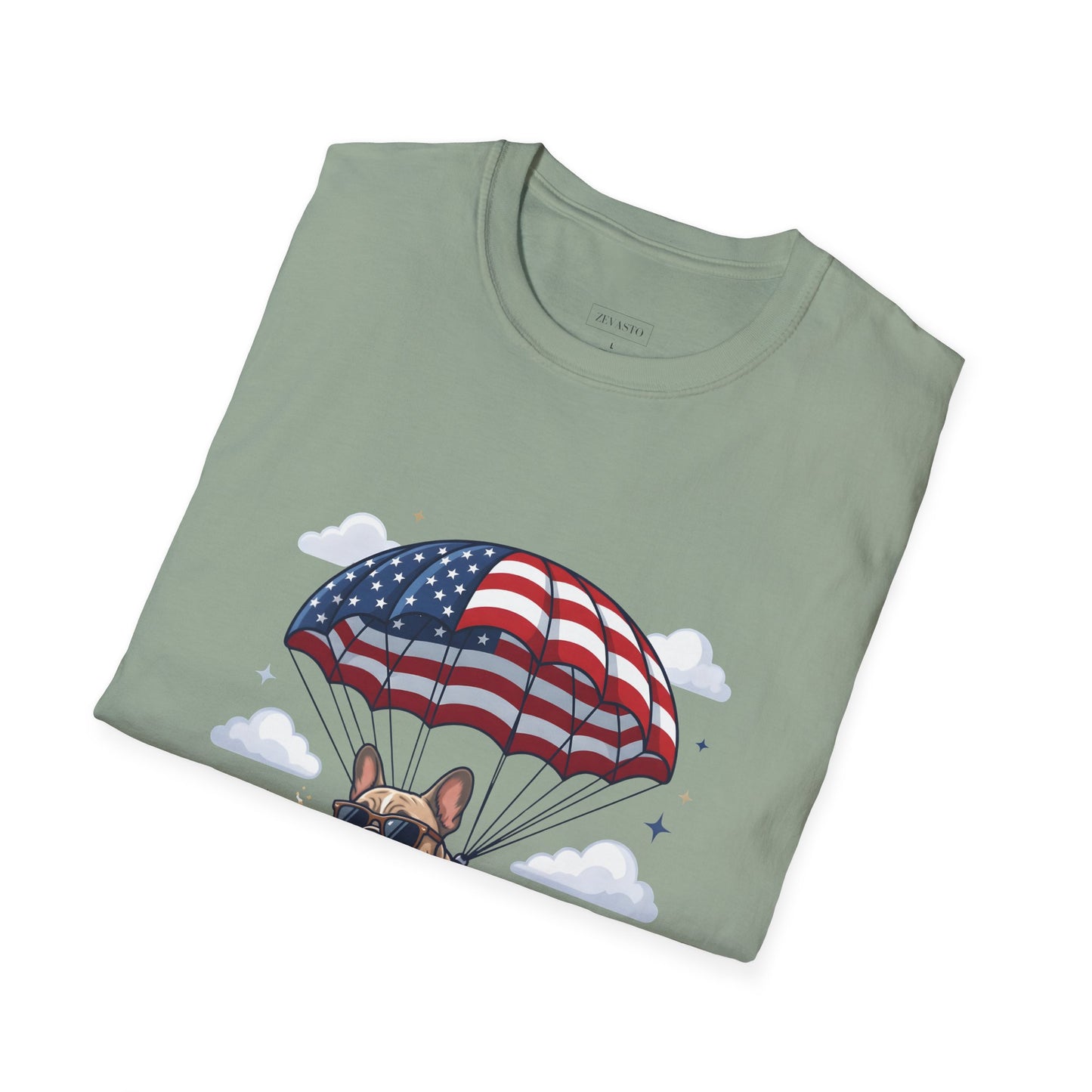 Patriotic French Bulldog T-Shirt — "Celebrating 250 Years" Parachute Design