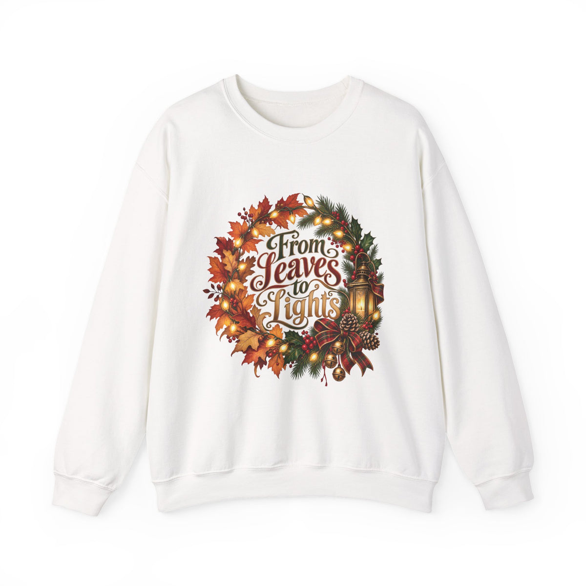Christmas Crewneck Sweatshirt — "From Leaves to Lights" Autumn to Holiday Wreath Design