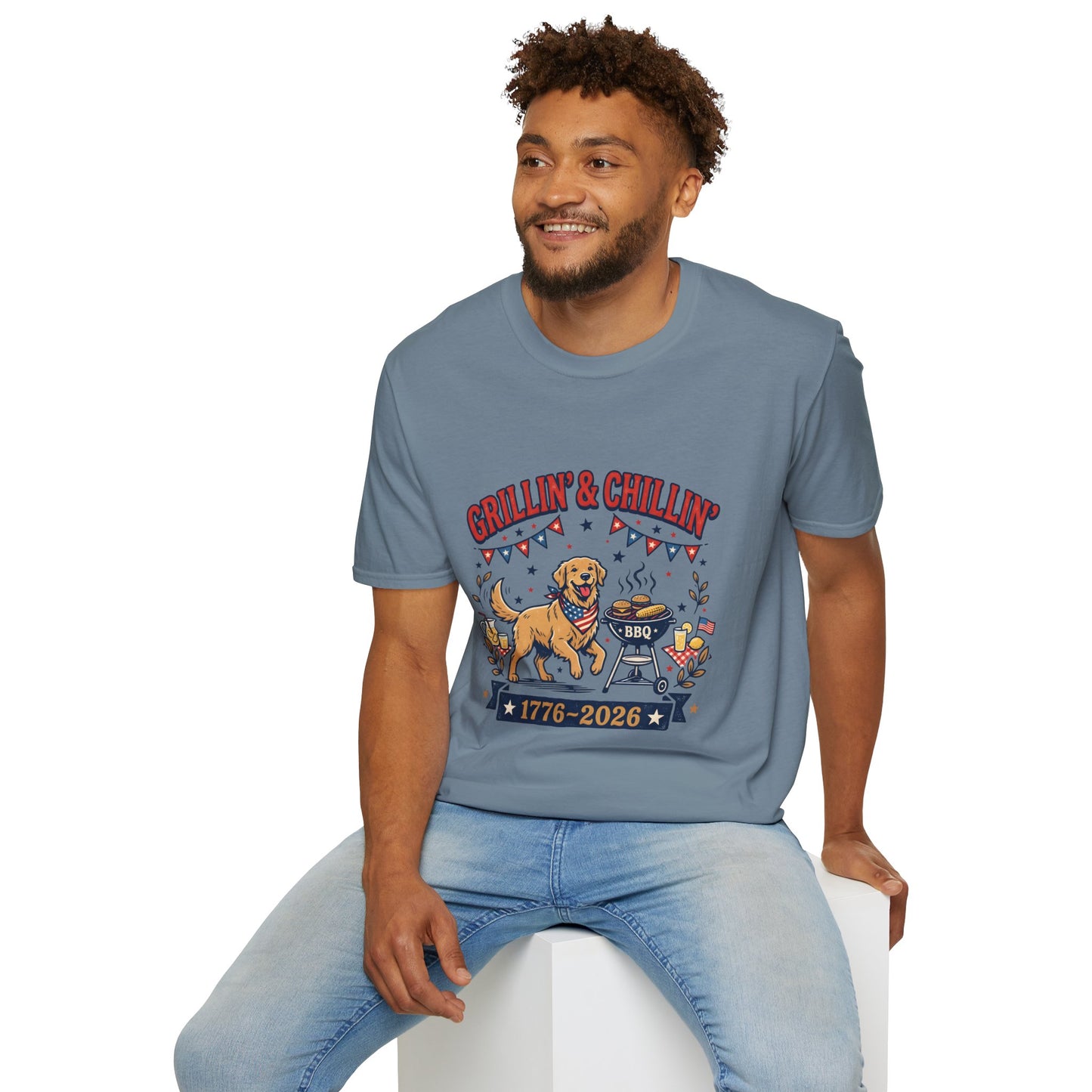 Grillin' & Chillin' BBQ Dog T-Shirt — 1776-2026 Patriotic Summer Tee, 4th of July Shirt, Independence Day Tee