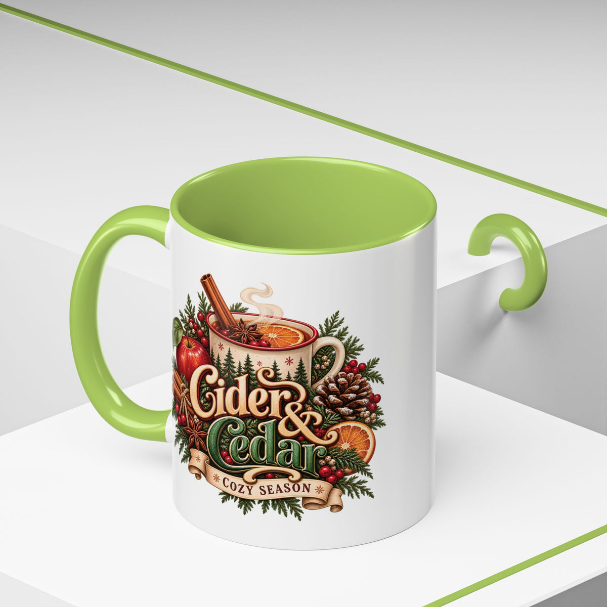 Cider & Cedar Accent Coffee Mug — Cozy Fall Hot Drink Gift (11 oz)