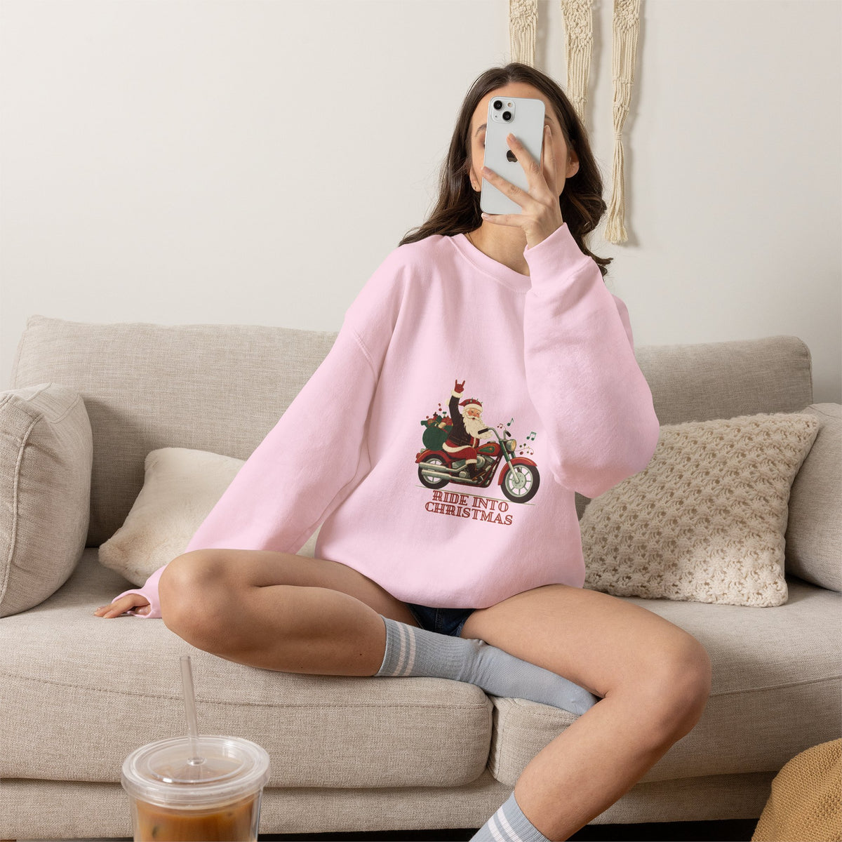 Christmas Motorcycle Sweatshirt - "Ride Into Christmas" Santa Biker Holiday Crewneck