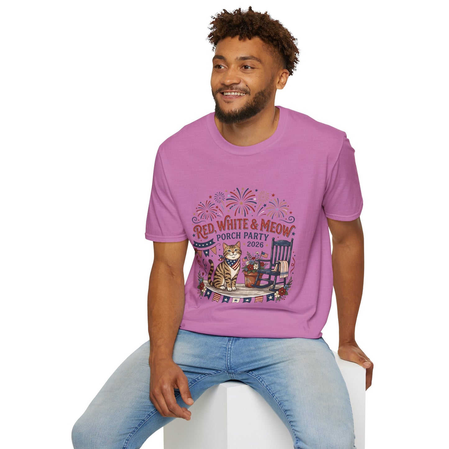 Red, White & Meow Porch Party T-Shirt — 2026 Patriotic Cat Tee, 4th of July Shirt, Independence Day Gift