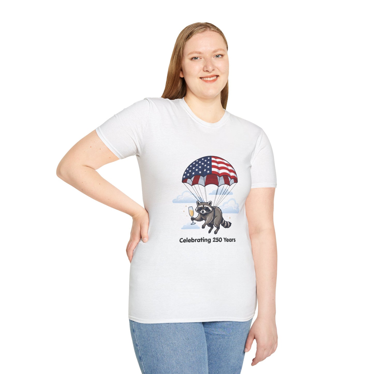 Patriotic Parachuting Raccoon T-Shirt — "Celebrating 250 Years"