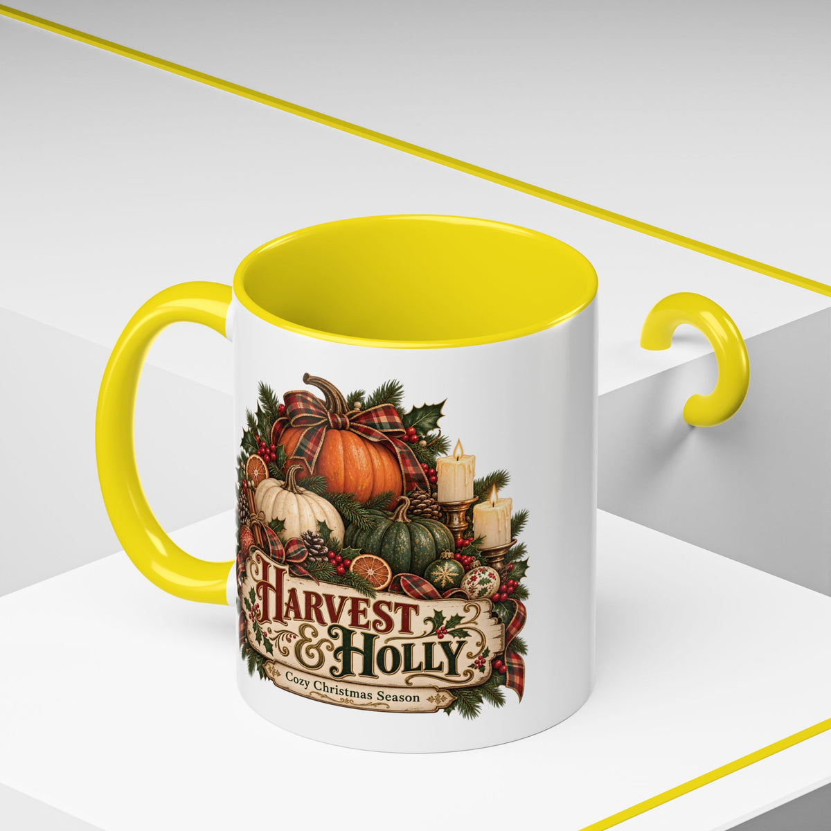 Harvest & Holly Accent Coffee Mug - Vintage Christmas Holiday Mug (11 oz)