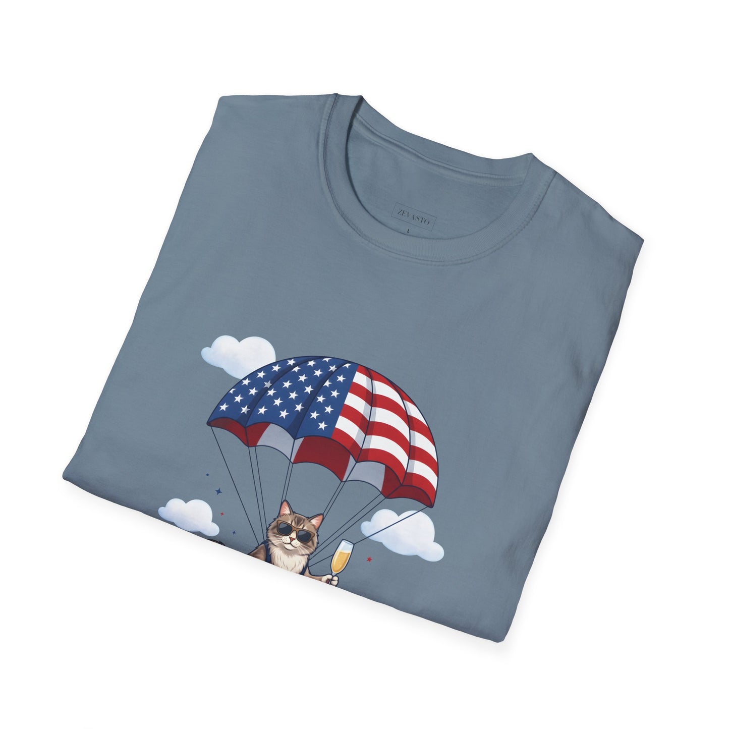 Patriotic Cat Parachute T-Shirt — "Celebrating 250 Years" 4th of July Tee