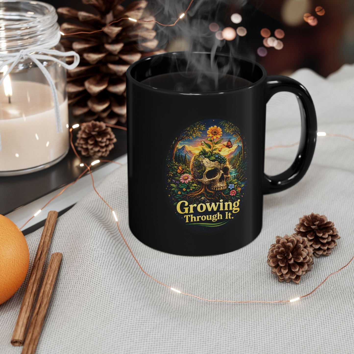 Growing Through It Black Mug – Earth Day Nature Skull Coffee Cup | Mental Growth & Healing Mug | Dark Botanical Aesthetic (11oz)