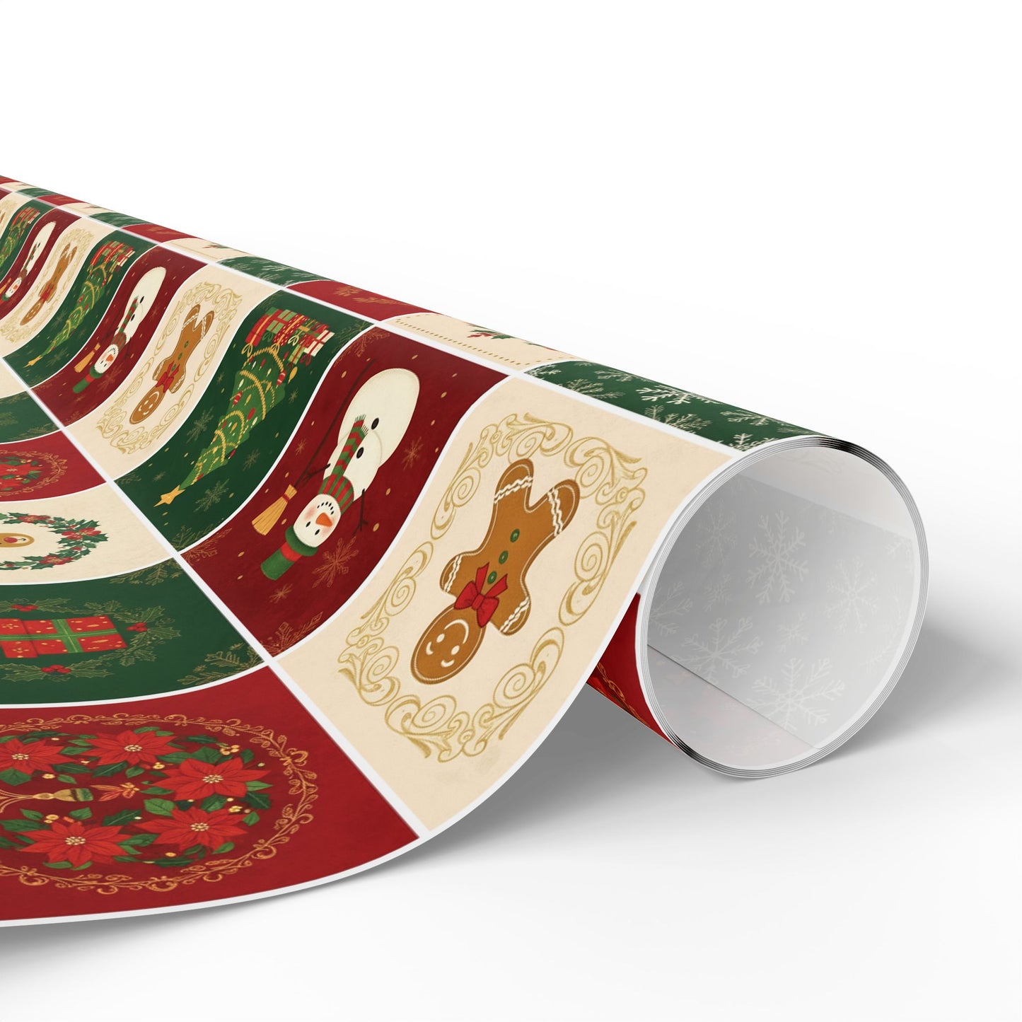 Christmas Patchwork Wrapping Paper Roll — Holiday Gift Wrap with Gingerbread, Snowman & Reindeer